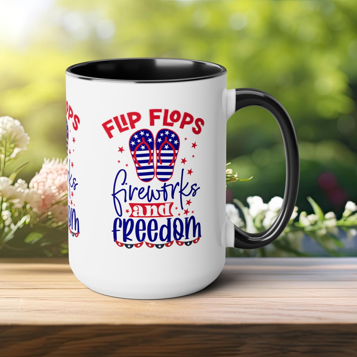 Happy 4th Of July Two -Tone Coffee Mug.15oz. Happy Independence Day Coffee Mug. America, Red White Blue, Flag,Peace Love America. Flipflop fireworks & Freedom.