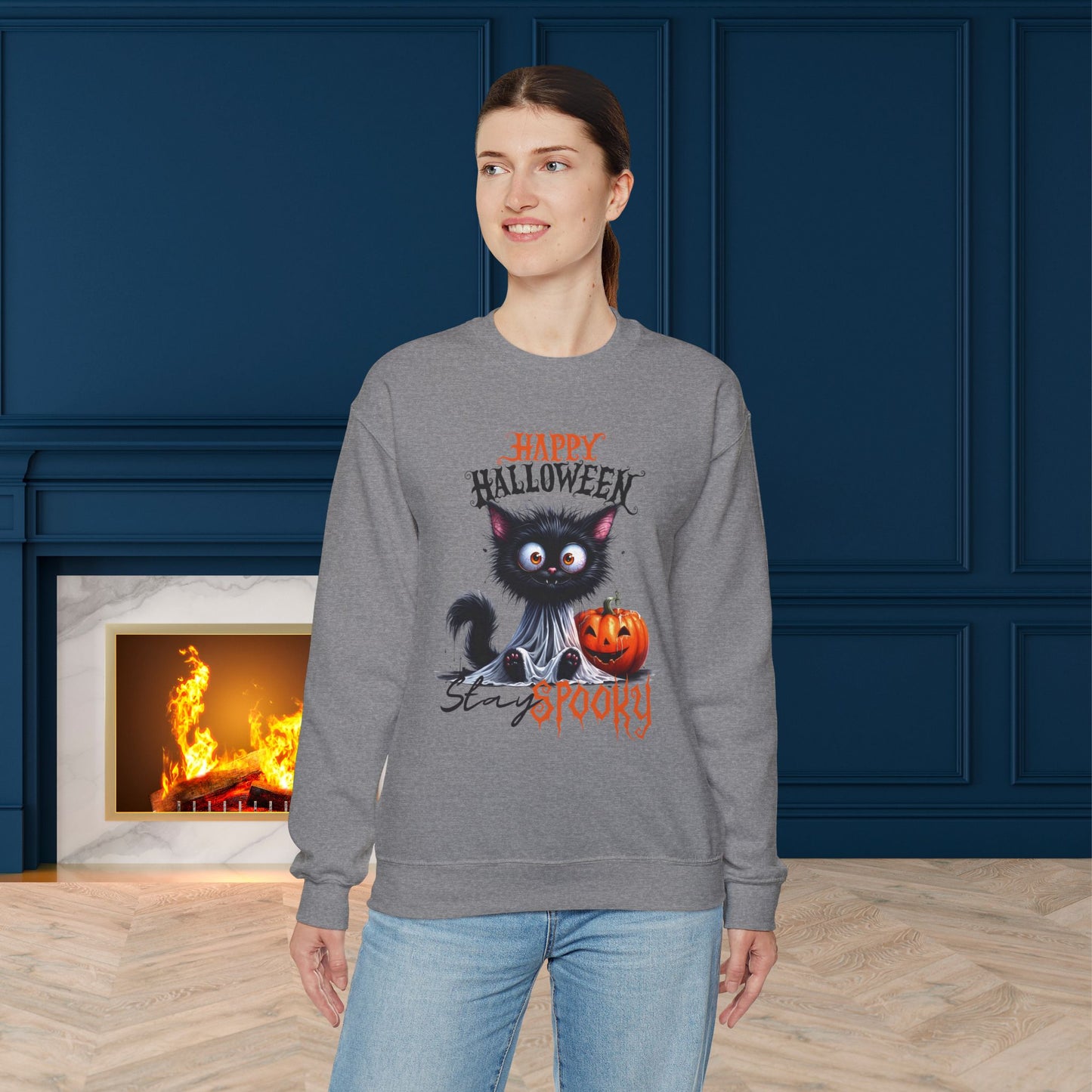 Stay spooky Halloween Sweatshirt - Unisex Heavy Blend Crewneck, halloween sweatshirt, cute spooky cat sweatshirt.