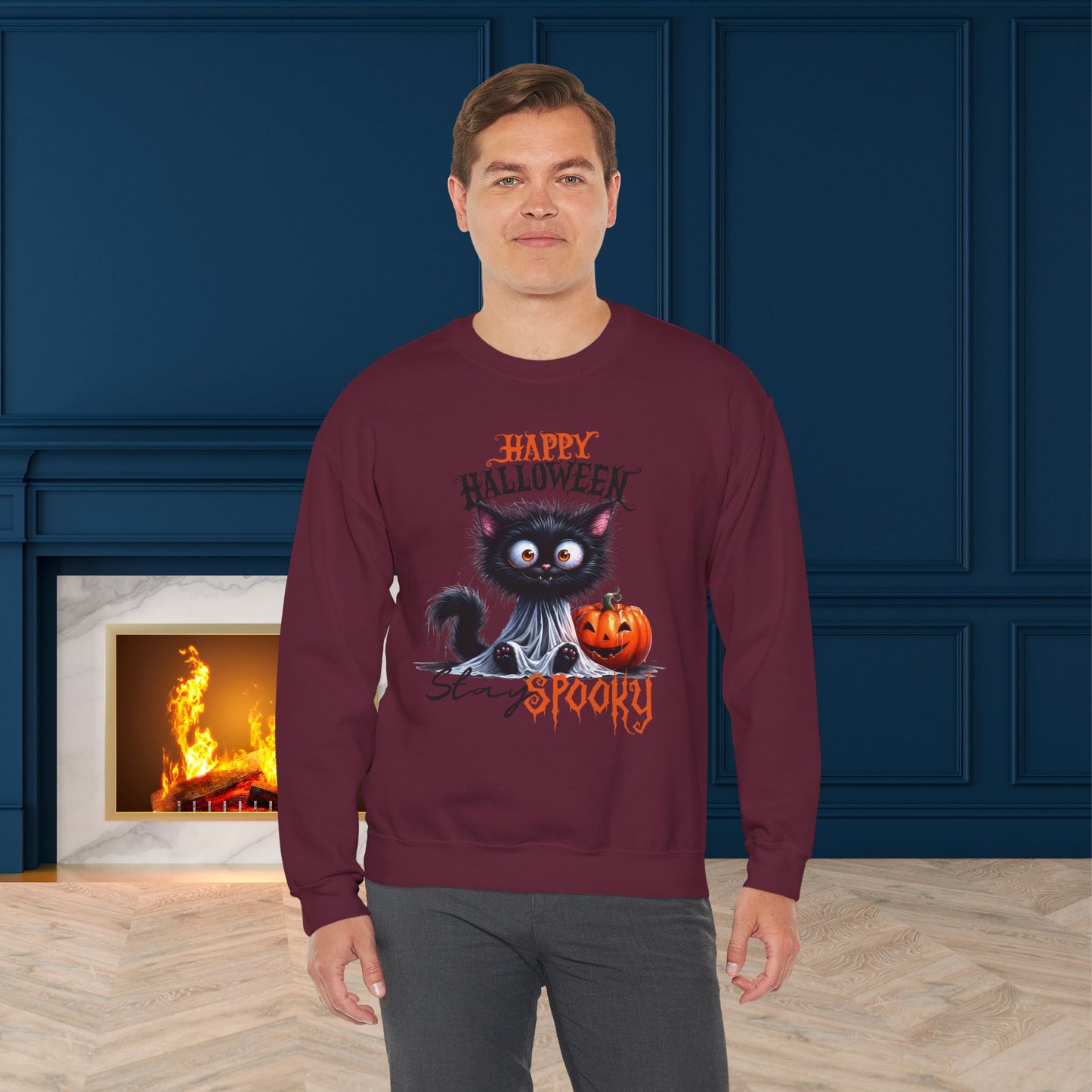 Stay spooky Halloween Sweatshirt - Unisex Heavy Blend Crewneck, halloween sweatshirt, cute spooky cat sweatshirt.