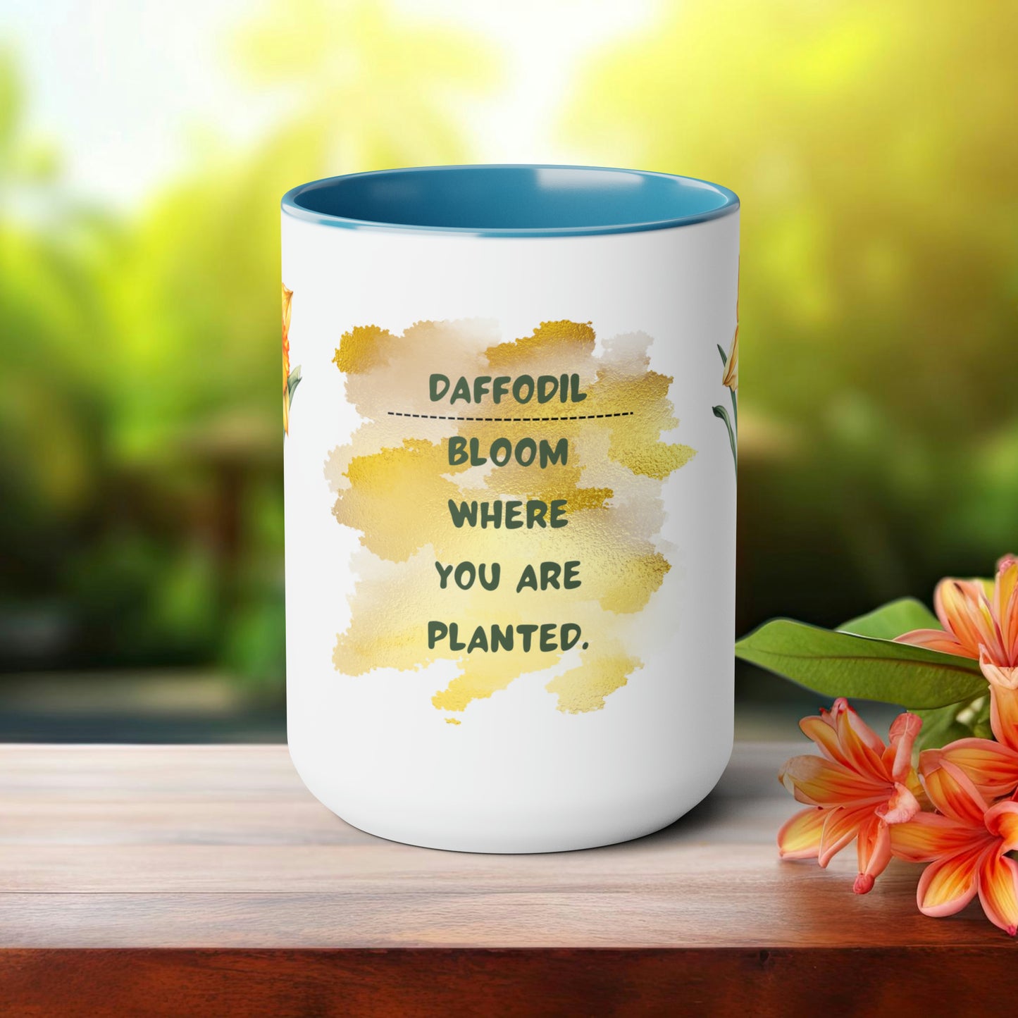 Birth Month Flower Two-Tone Coffee Mugs, 15oz, March Birth Month Flower mug.