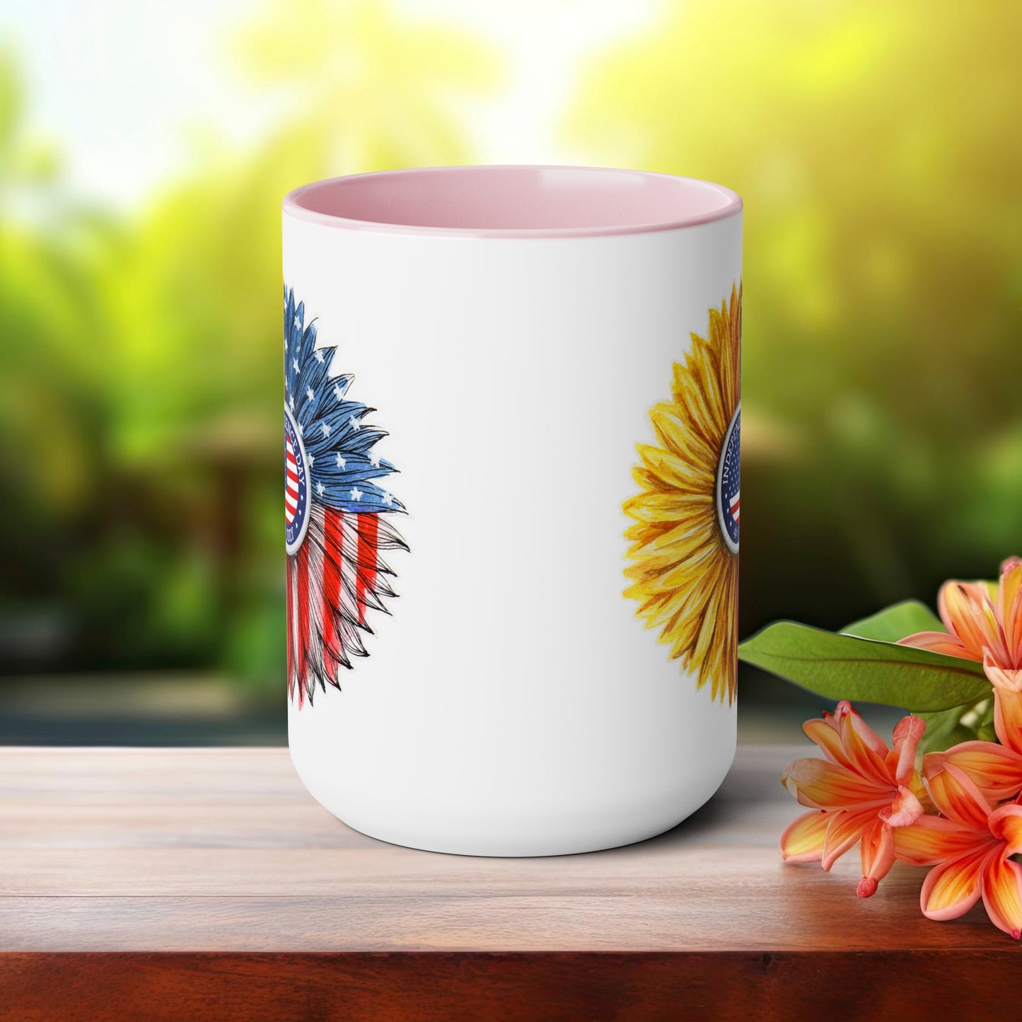 Happy 4th Of July Two -Tone Coffee Mug.15oz. Independence Day Sunflower Coffee Mug.