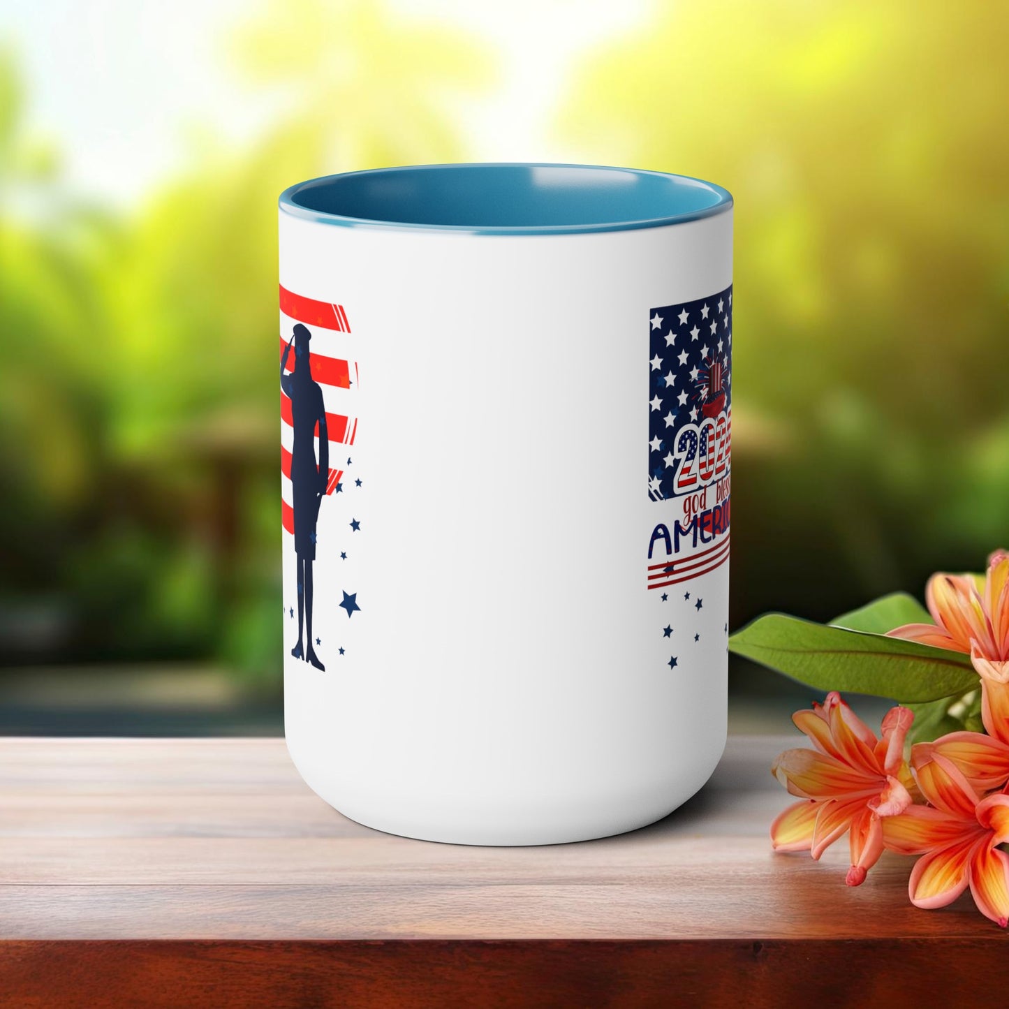 Happy 4th Of July Two -Tone Coffee Mug.15oz. God Bless America Coffee Mug.Flag, Red White Blue, gift, America.