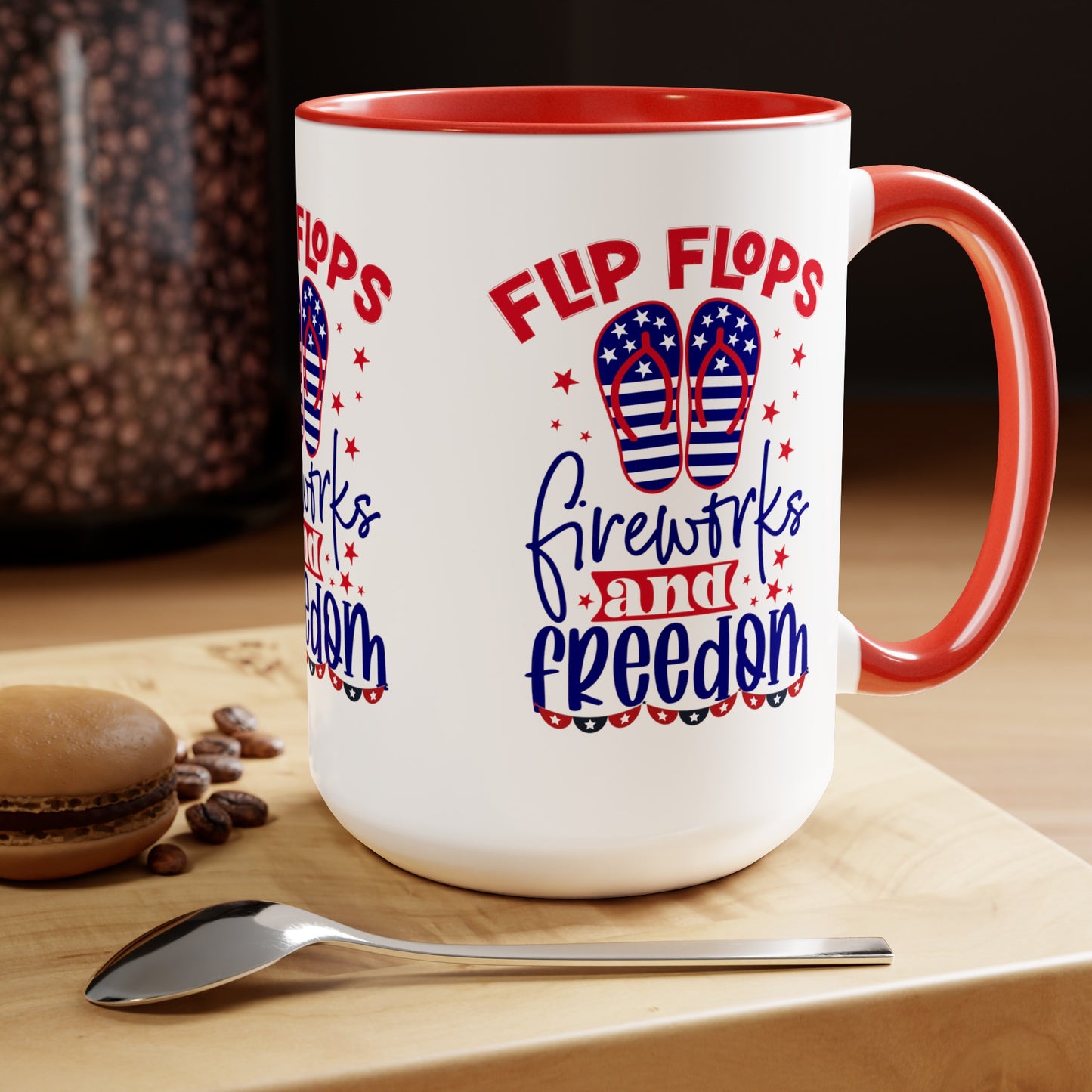 Happy 4th Of July Two -Tone Coffee Mug.15oz. Happy Independence Day Coffee Mug. America, Red White Blue, Flag,Peace Love America. Flipflop fireworks & Freedom.