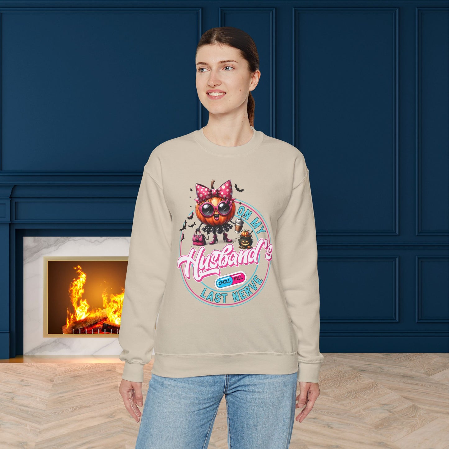 On My Husband's Last Nerve Halloween Sweatshirt, Happy Halloween Sweatshirt - Unisex Heavy Blend Crewneck, Halloween Sweatshirt, Cute Spooky Ghost sweatshirt.