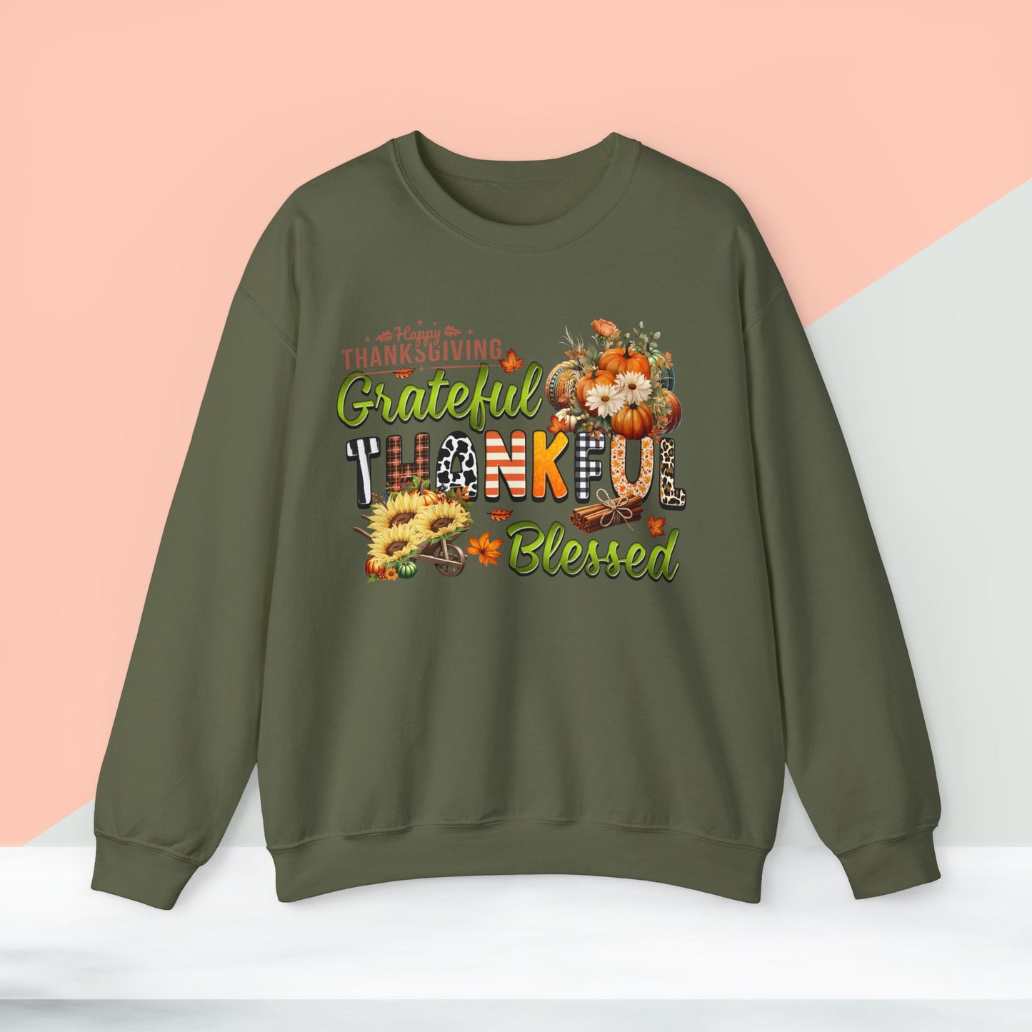 Thankful Grateful Blessed Sweatshirt,  HappyThanksgiving Sweatshirt - Unisex Heavy Blend, Happy Thanksgiving2024 Sweatshirt, Thanksgiving Gift, Festive Sweatshirt.