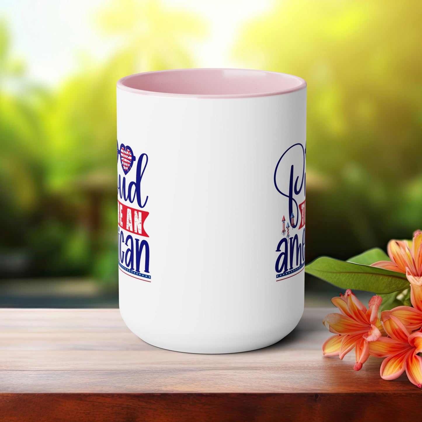 Happy 4th Of July Two -Tone Coffee Mug.15oz. Happy Independence Day Coffee Mug. America, Red White Blue, Flag,Peace Love America. Proud To Be An American