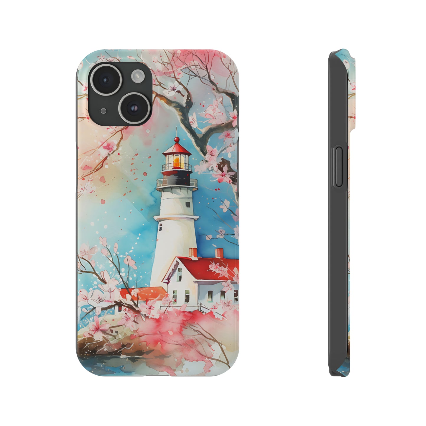 Watercolor Spring Lighthouse iPhone 15 Phone Cases