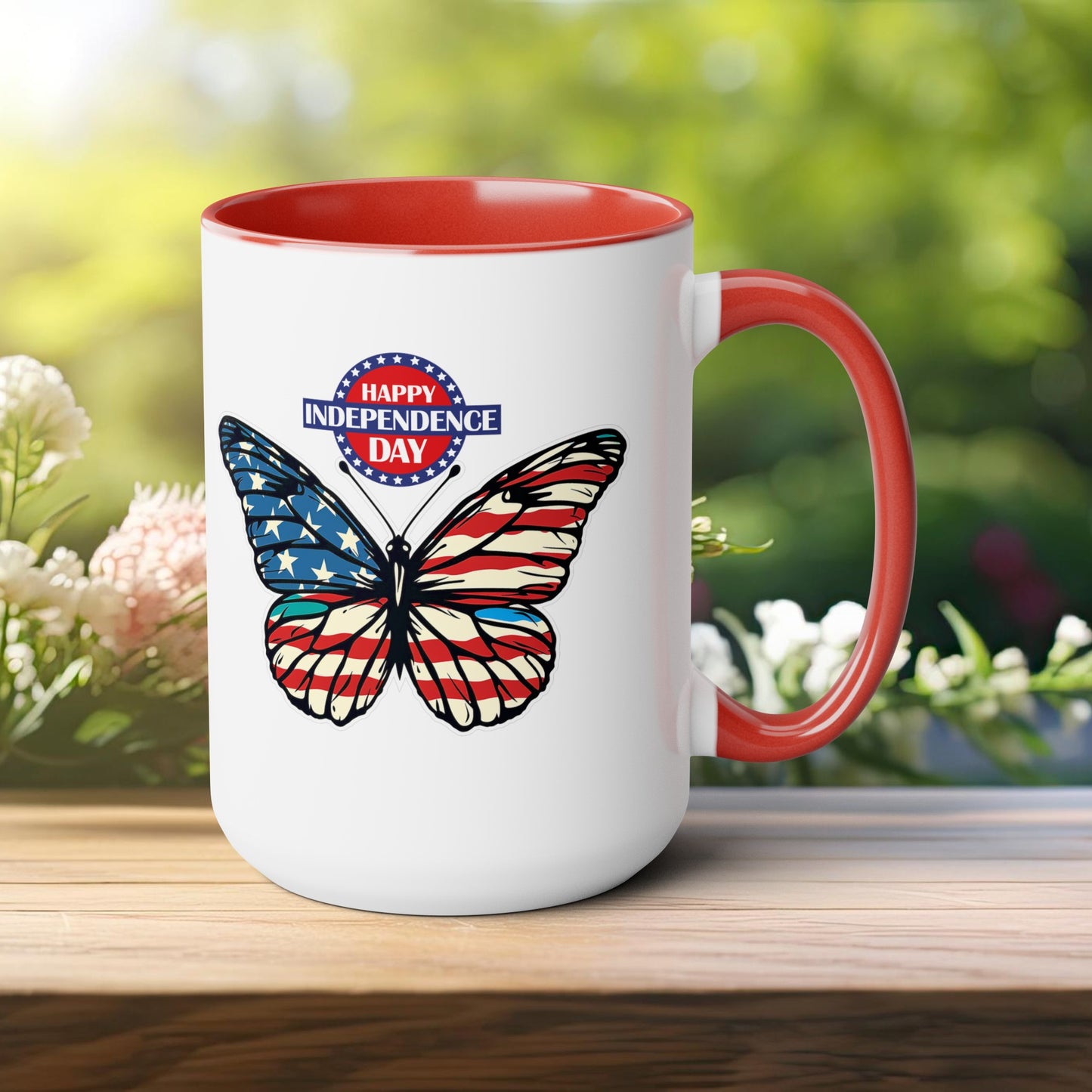 Happy 4th Of July Two -Tone Coffee Mug.15oz. Happy Independence Day Coffee Mug. Butterfly Coffee Mug, America, Red White Blue, Flag.