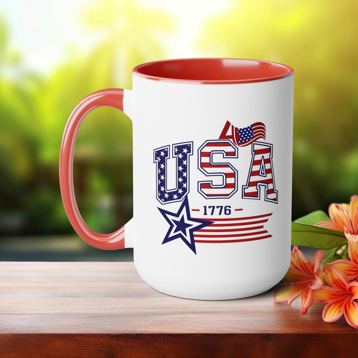 Happy 4th Of July Two -Tone Coffee Mug.15oz. Happy Independence Day Coffee Mug. America, Red White Blue, Flag,Peace Love America. Proud To Be An American