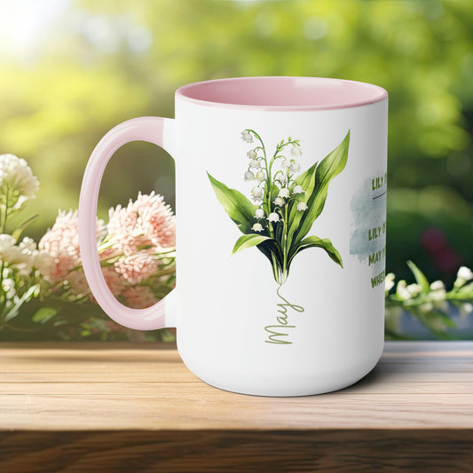 Birth Month FlowerTwo-Tone Coffee Mugs, 15oz, May Birth Month Flower mug.