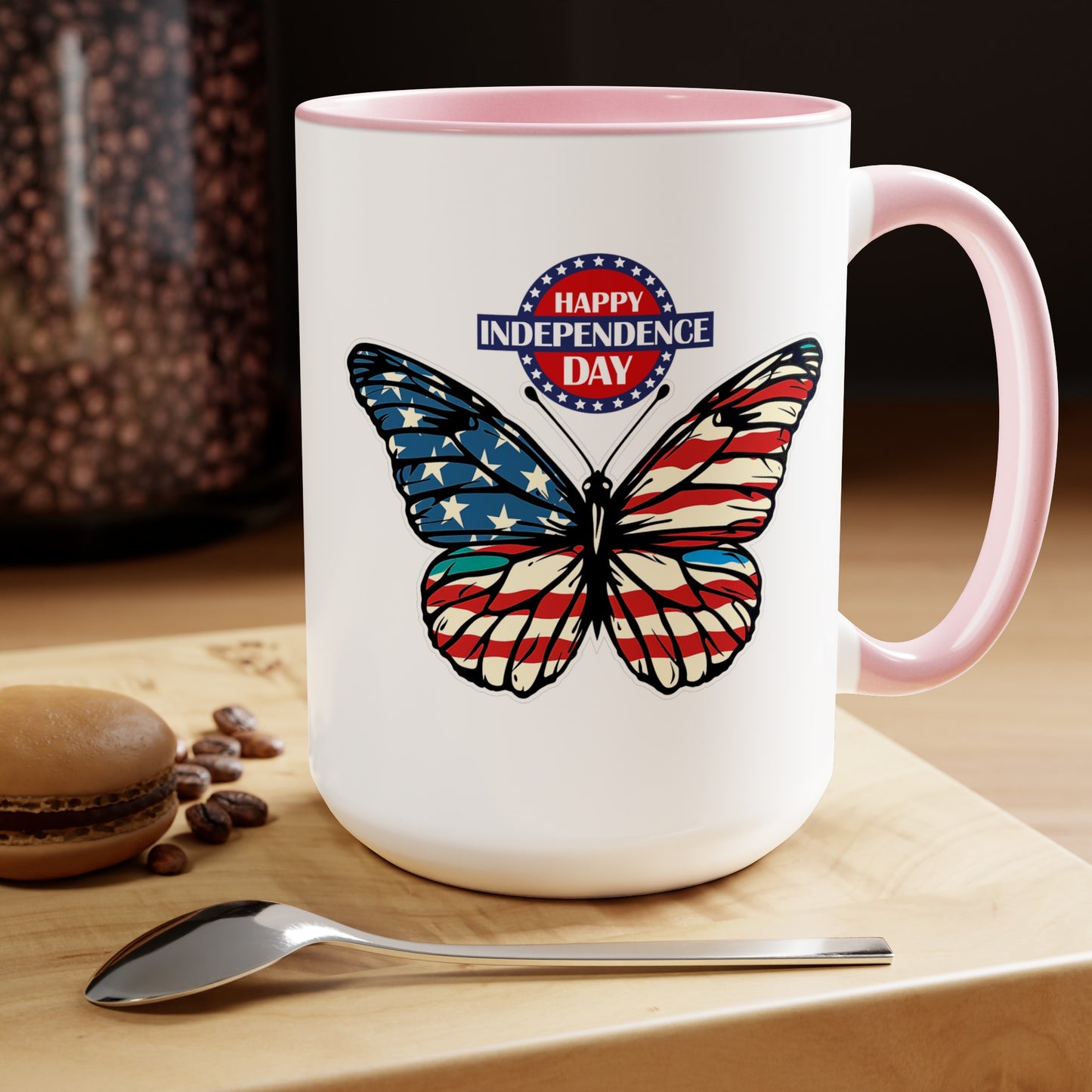 Happy 4th Of July Two -Tone Coffee Mug.15oz. Happy Independence Day Coffee Mug. Butterfly Coffee Mug, America, Red White Blue, Flag.