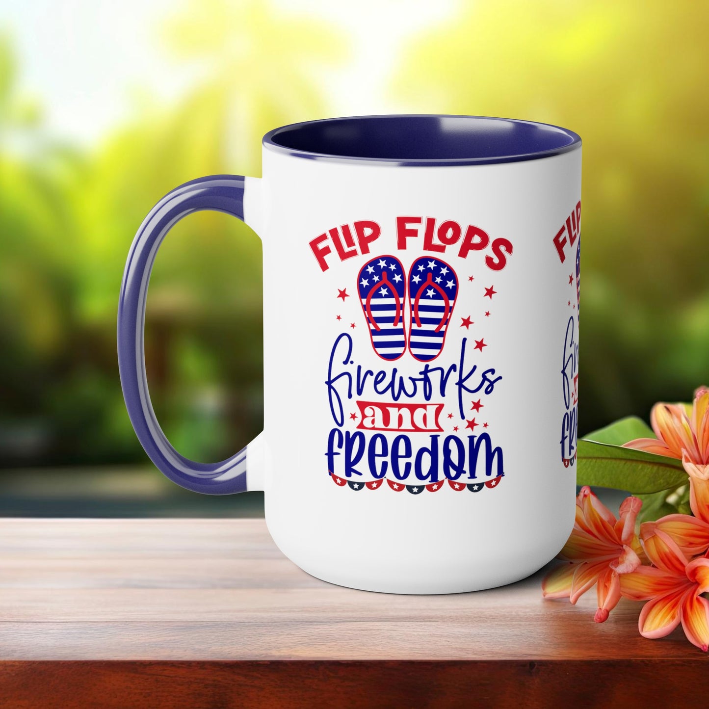 Happy 4th Of July Two -Tone Coffee Mug.15oz. Happy Independence Day Coffee Mug. America, Red White Blue, Flag,Peace Love America. Flipflop fireworks & Freedom.