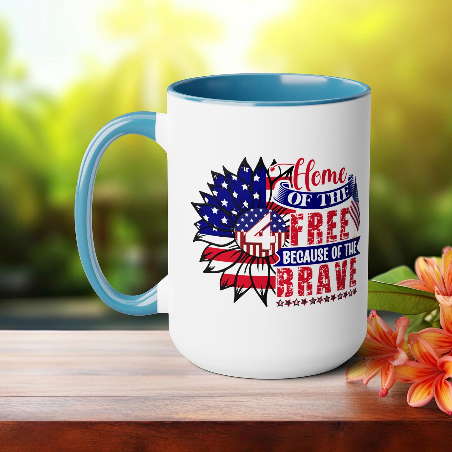 Happy 4th Of July Two -Tone Coffee Mug.15oz. God Bless America Coffee Mug.Flag, Red White Blue, Gift, America.Fourth Of July Sunflower Coffee Mug.