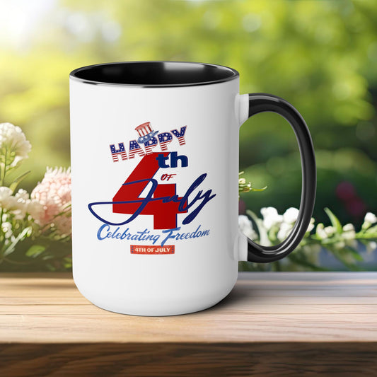 Happy 4th Of July Two -Tone Coffee Mug.15oz. Happy Independence Day Coffee Mug. America, Red White Blue, Flag,Peace Love America. Proud To Be An American