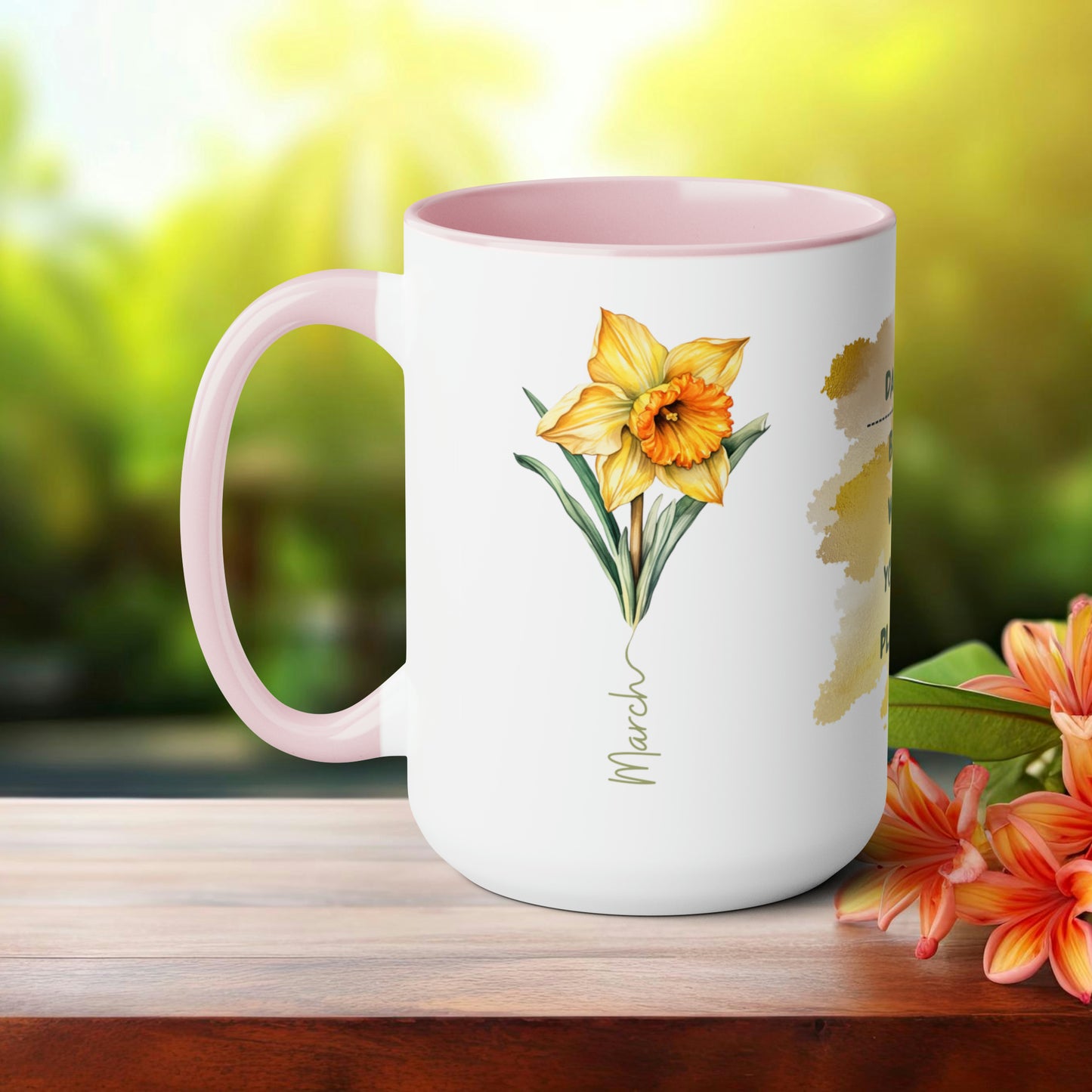 Birth Month Flower Two-Tone Coffee Mugs, 15oz, March Birth Month Flower mug.