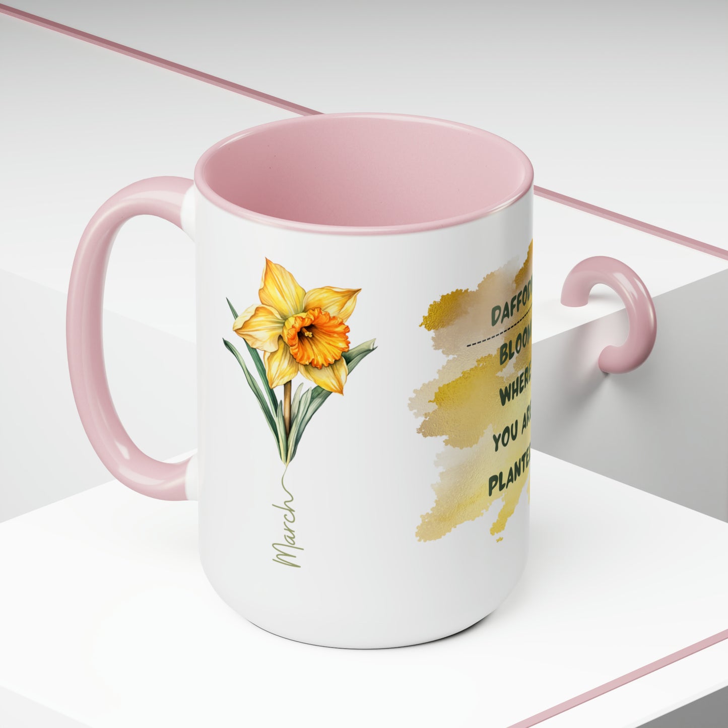 Birth Month Flower Two-Tone Coffee Mugs, 15oz, March Birth Month Flower mug.