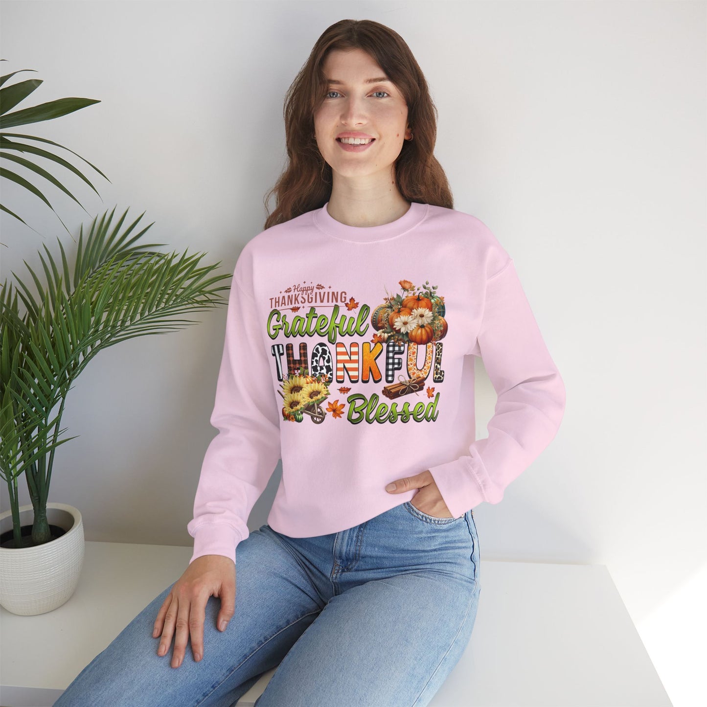 Thankful Grateful Blessed Sweatshirt,  HappyThanksgiving Sweatshirt - Unisex Heavy Blend, Happy Thanksgiving2024 Sweatshirt, Thanksgiving Gift, Festive Sweatshirt.