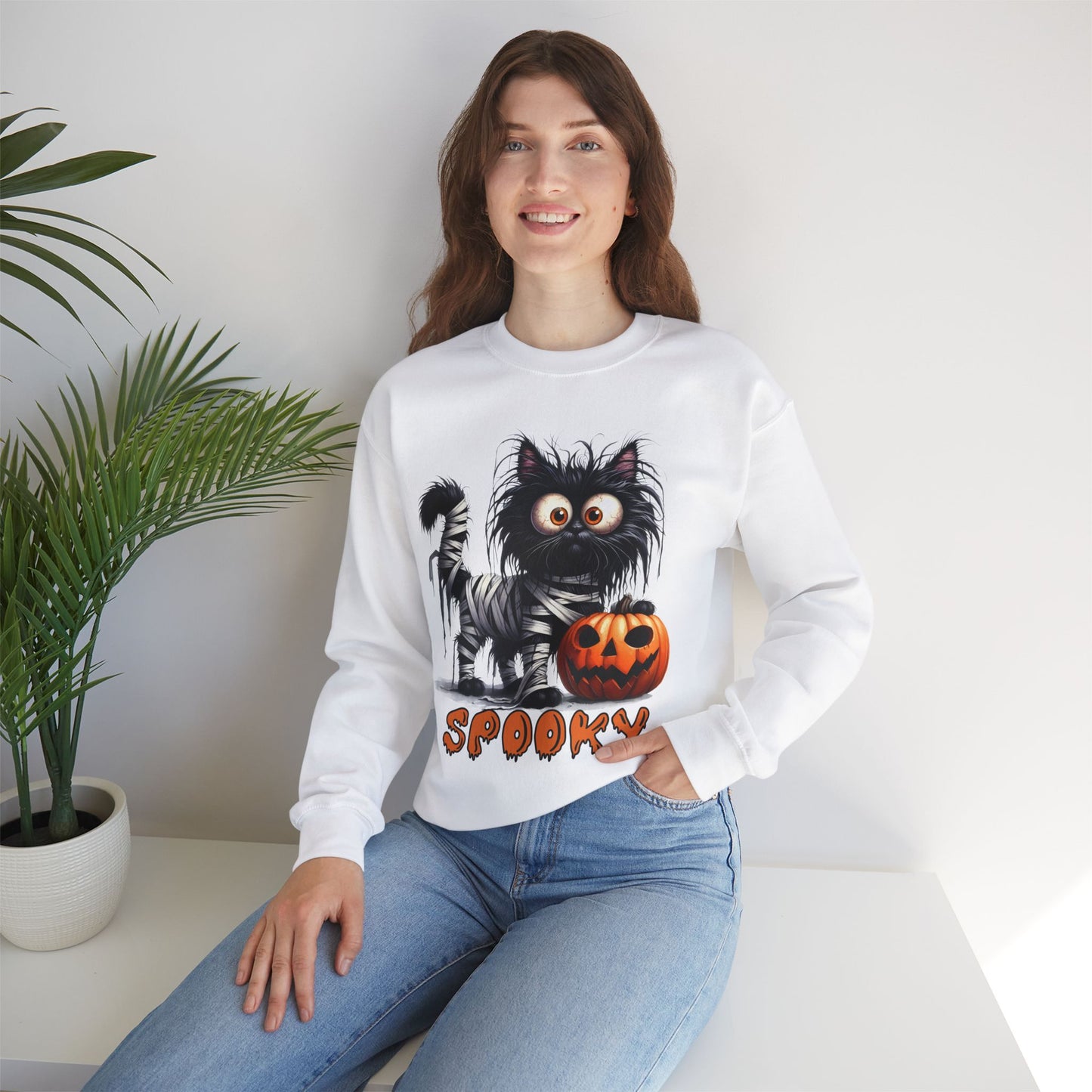 Spooky Cat Halloween Sweatshirt - Unisex Heavy Blend Crewneck, halloween sweatshirt, cute spooky cat sweatshirt.