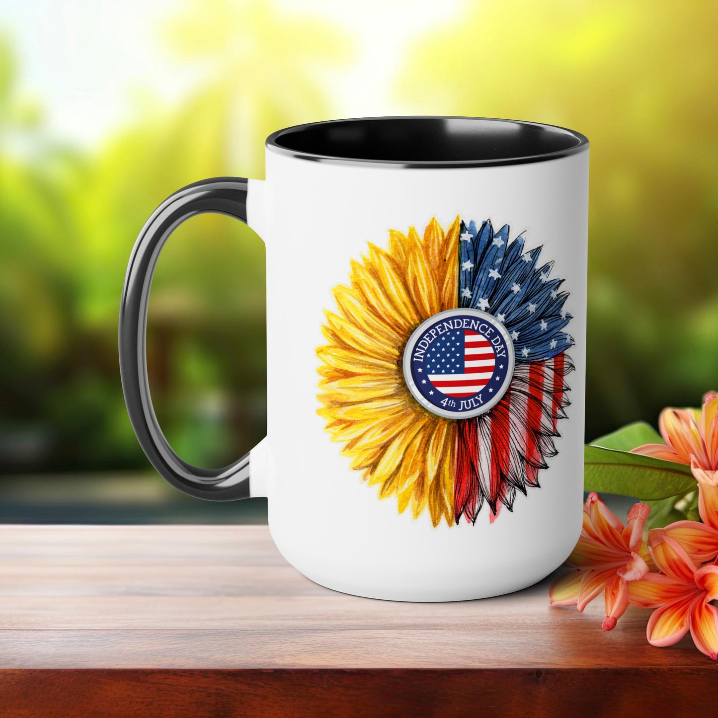 Happy 4th Of July Two -Tone Coffee Mug.15oz. Independence Day Sunflower Coffee Mug.