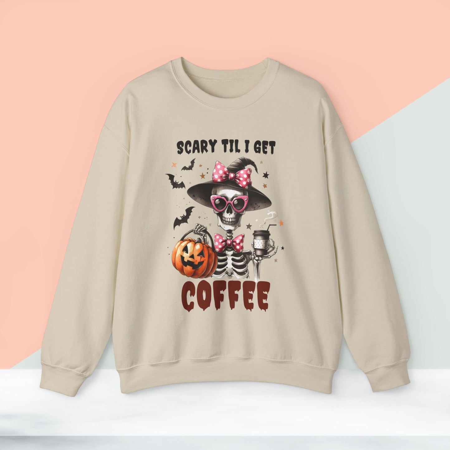 Scary Til I Get Coffee Halloween Sweatshirt, Happy Halloween Sweatshirt - Unisex Heavy Blend Crewneck, Halloween Sweatshirt, Cute Spooky Ghost sweatshirt.