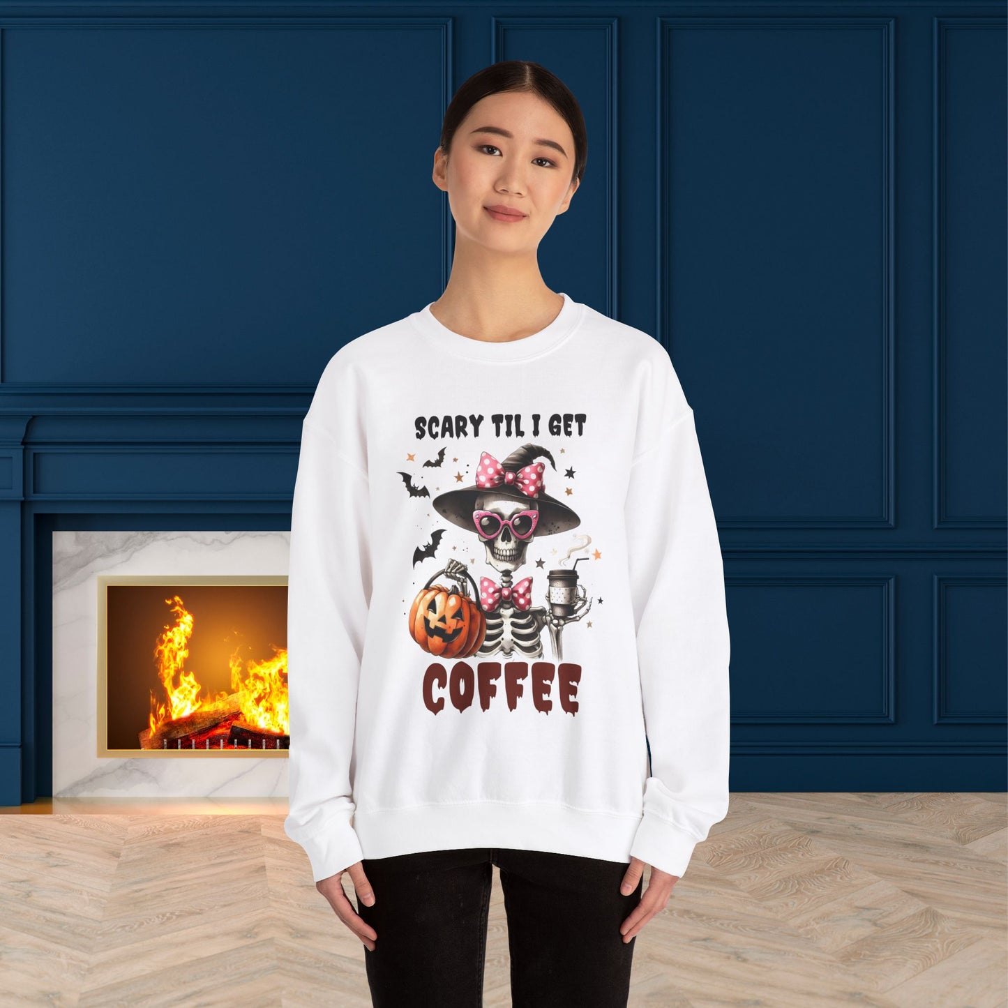 Scary Til I Get Coffee Halloween Sweatshirt, Happy Halloween Sweatshirt - Unisex Heavy Blend Crewneck, Halloween Sweatshirt, Cute Spooky Ghost sweatshirt.