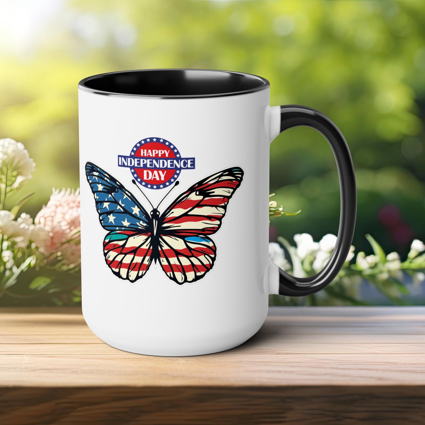 Happy 4th Of July Two -Tone Coffee Mug.15oz. Happy Independence Day Coffee Mug. Butterfly Coffee Mug, America, Red White Blue, Flag.