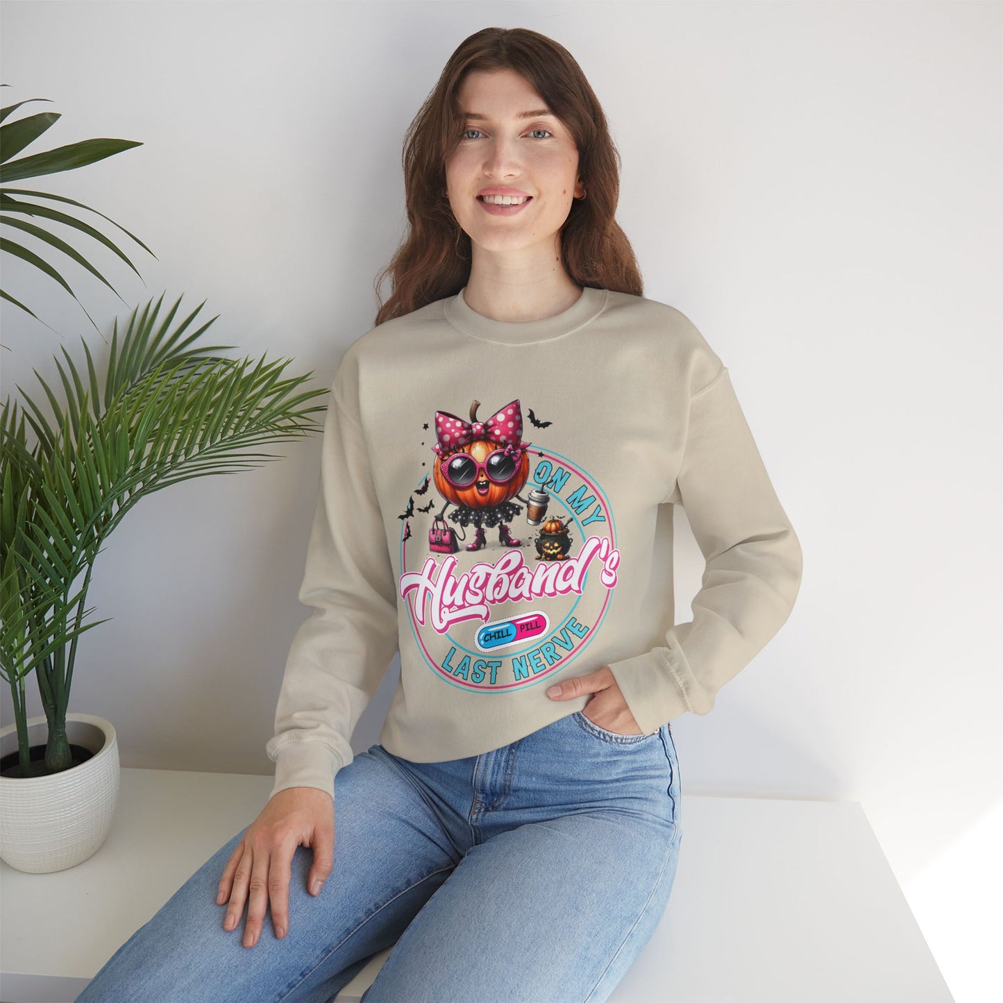 On My Husband's Last Nerve Halloween Sweatshirt, Happy Halloween Sweatshirt - Unisex Heavy Blend Crewneck, Halloween Sweatshirt, Cute Spooky Ghost sweatshirt.