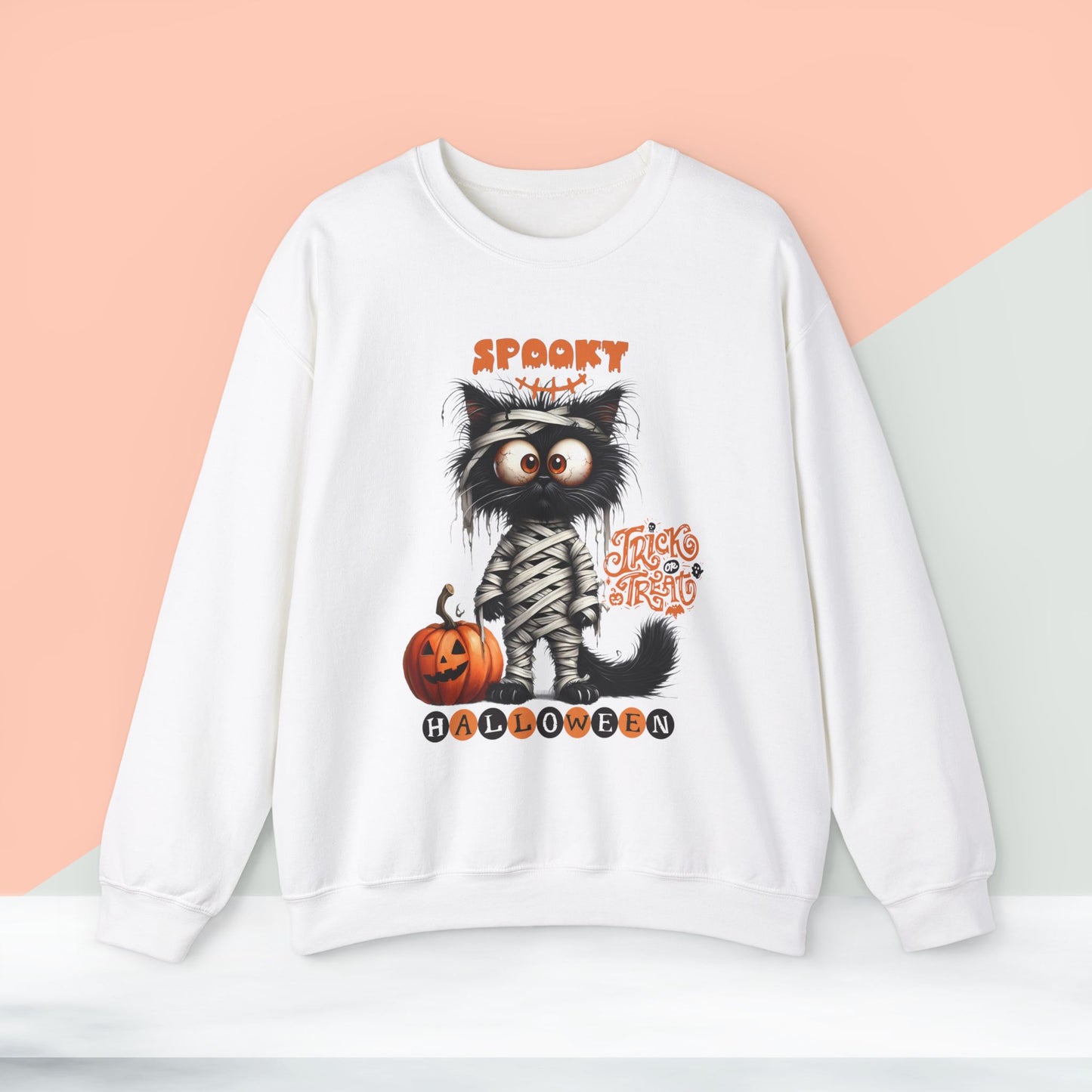 Spooky Halloween Cat Sweatshirt, Happy Halloween Sweatshirt - Unisex Heavy Blend Crewneck, Halloween Sweatshirt, Cute Spooky Ghost sweatshirt.