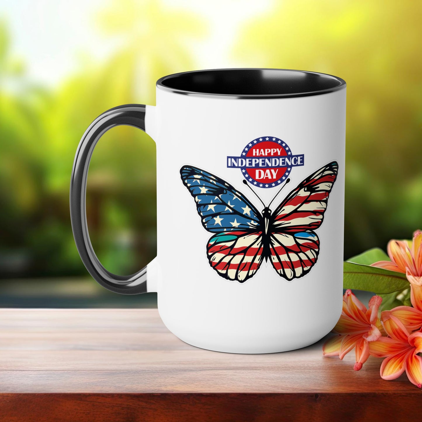 Happy 4th Of July Two -Tone Coffee Mug.15oz. Happy Independence Day Coffee Mug. Butterfly Coffee Mug, America, Red White Blue, Flag.