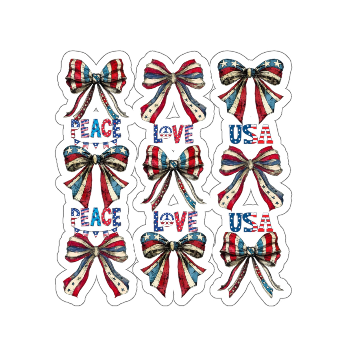 Happy 4th Of July Kiss-Cut Stickers, America, Flag, Peace Love America. Proud To Be An American, Red White Blue stickers. Meowica Stickers.