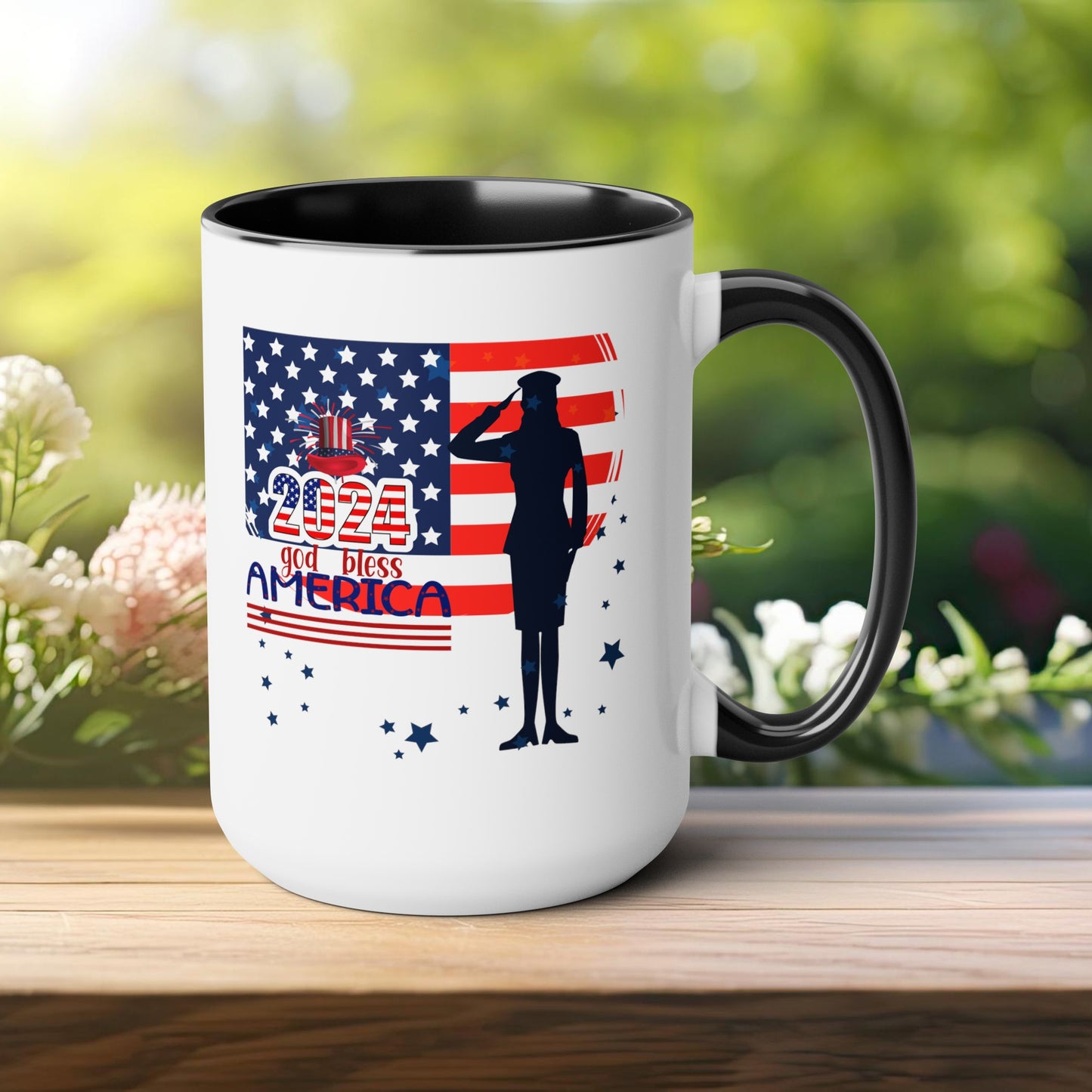 Happy 4th Of July Two -Tone Coffee Mug.15oz. God Bless America Coffee Mug.Flag, Red White Blue, gift, America.