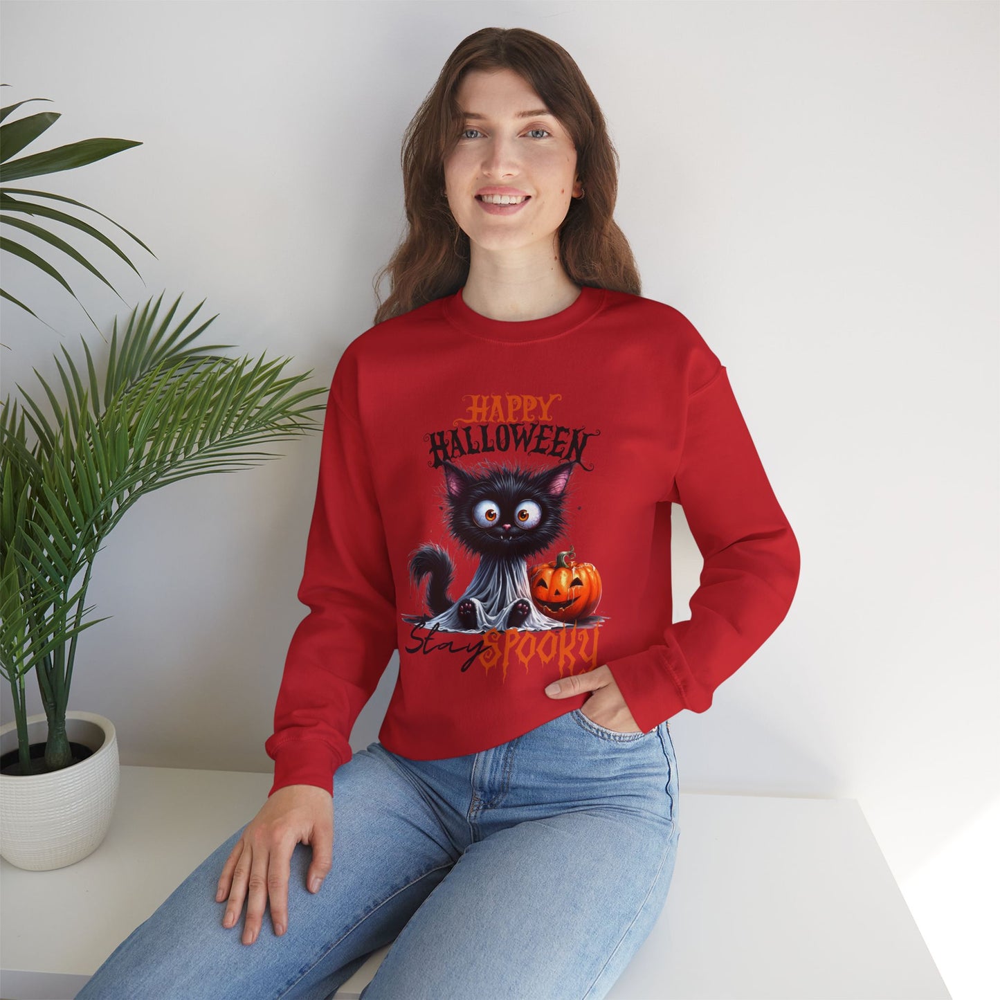 Stay spooky Halloween Sweatshirt - Unisex Heavy Blend Crewneck, halloween sweatshirt, cute spooky cat sweatshirt.