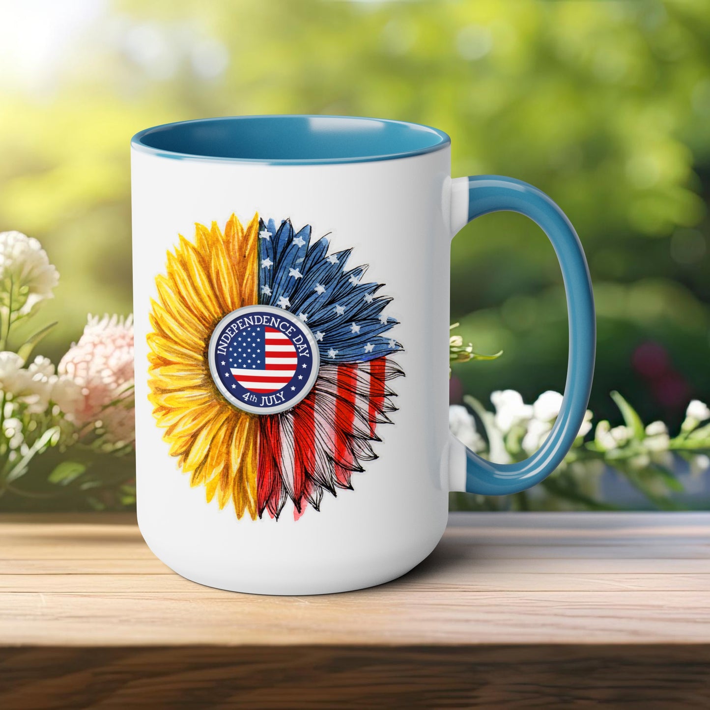 Happy 4th Of July Two -Tone Coffee Mug.15oz. Independence Day Sunflower Coffee Mug.