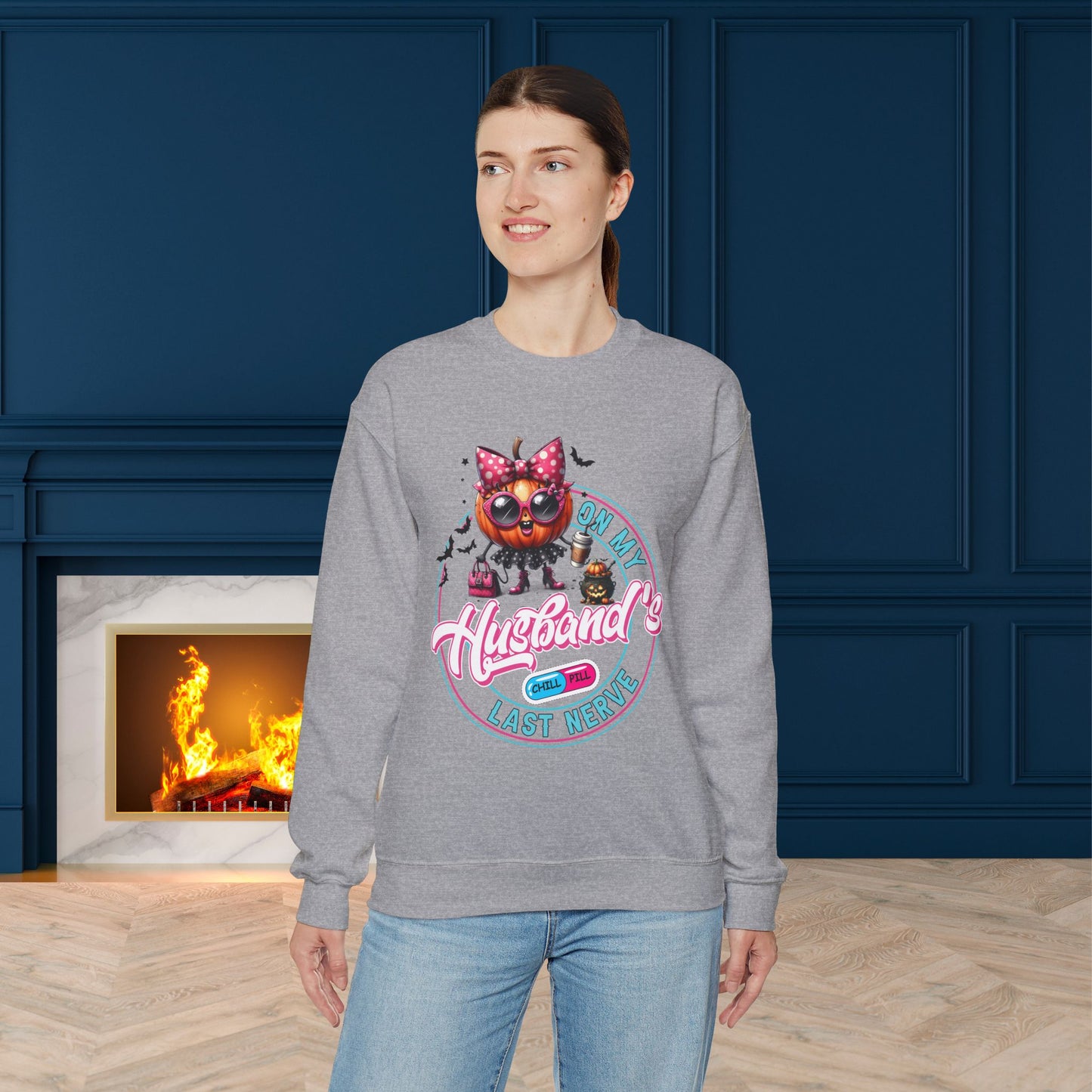 On My Husband's Last Nerve Halloween Sweatshirt, Happy Halloween Sweatshirt - Unisex Heavy Blend Crewneck, Halloween Sweatshirt, Cute Spooky Ghost sweatshirt.