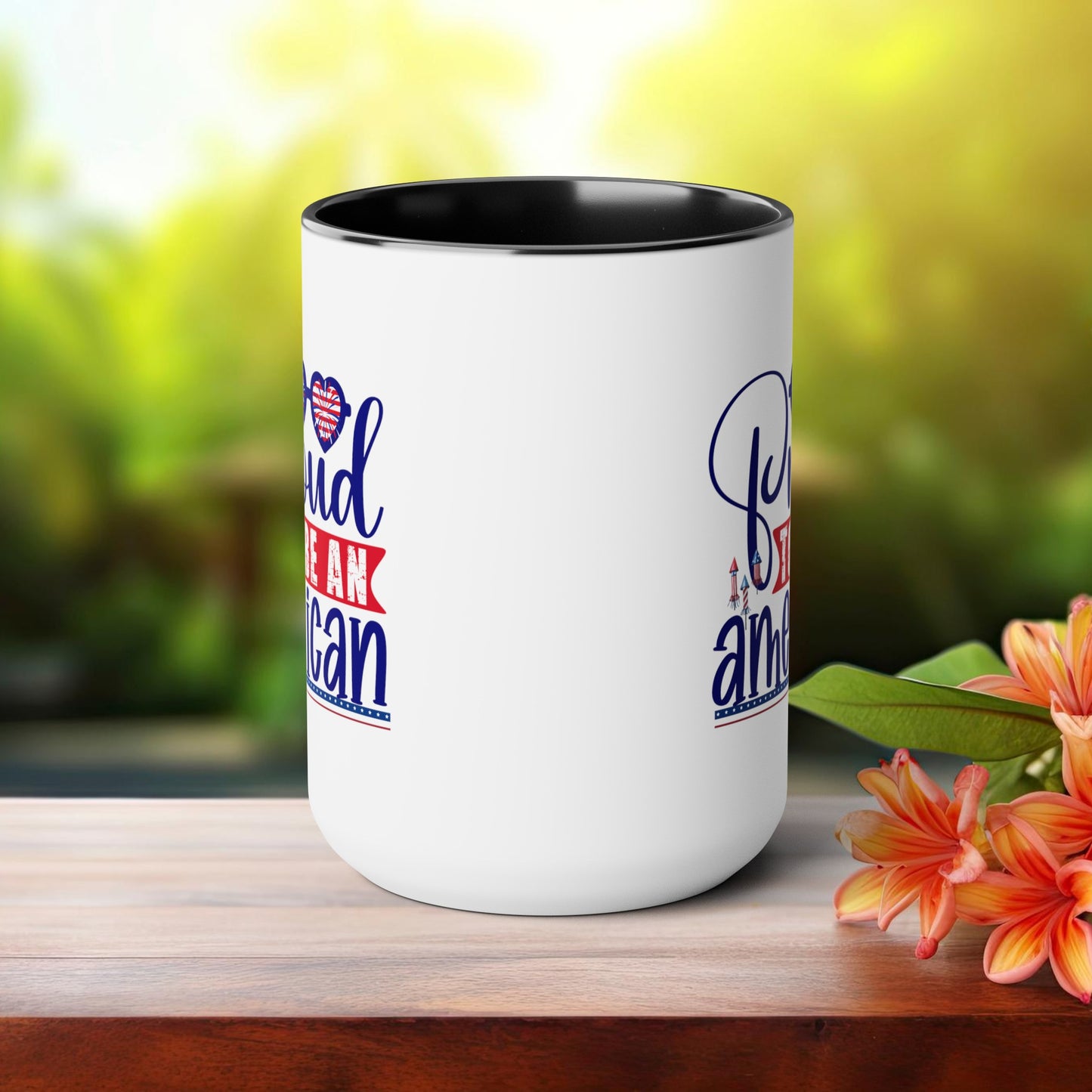 Happy 4th Of July Two -Tone Coffee Mug.15oz. Happy Independence Day Coffee Mug. America, Red White Blue, Flag,Peace Love America. Proud To Be An American