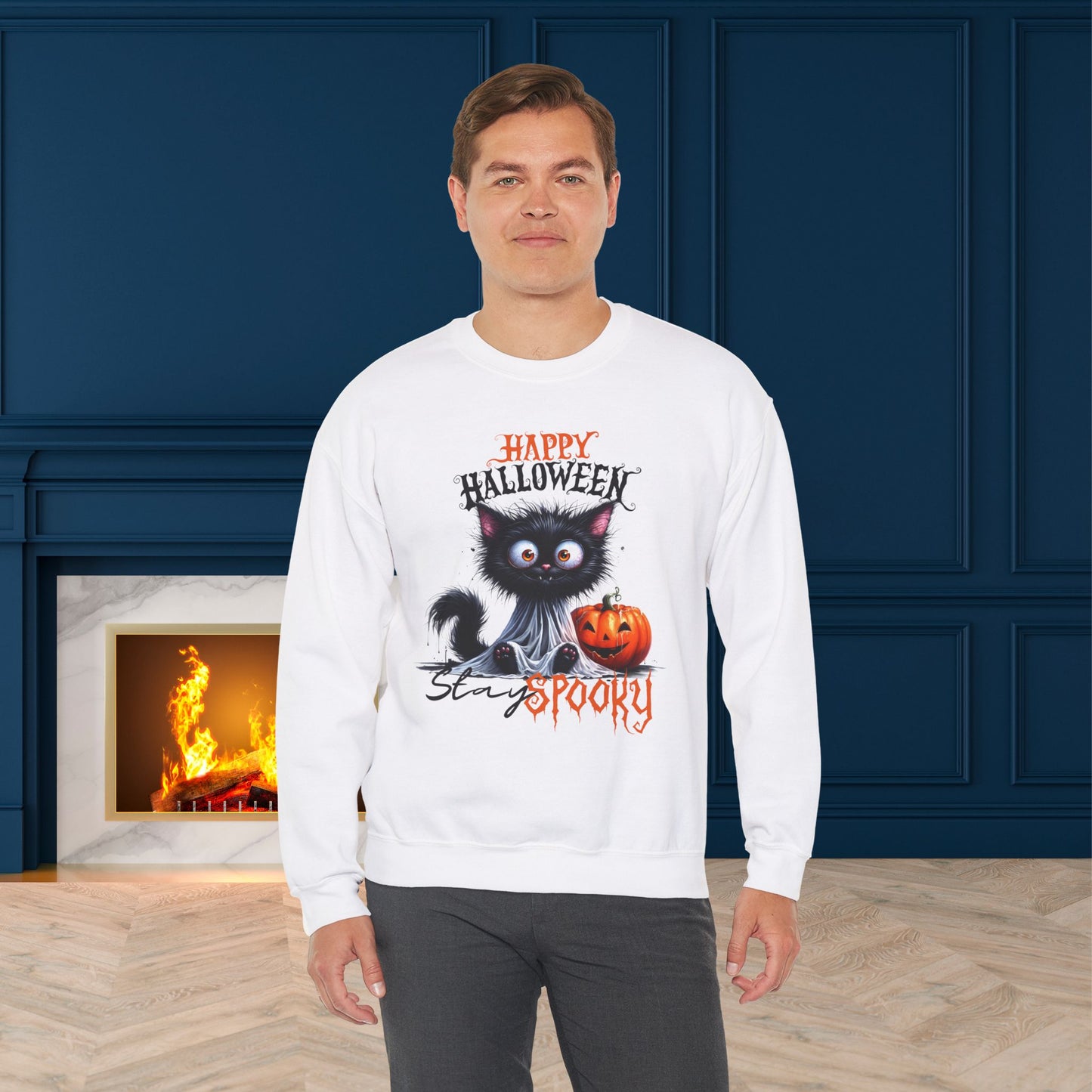 Stay spooky Halloween Sweatshirt - Unisex Heavy Blend Crewneck, halloween sweatshirt, cute spooky cat sweatshirt.