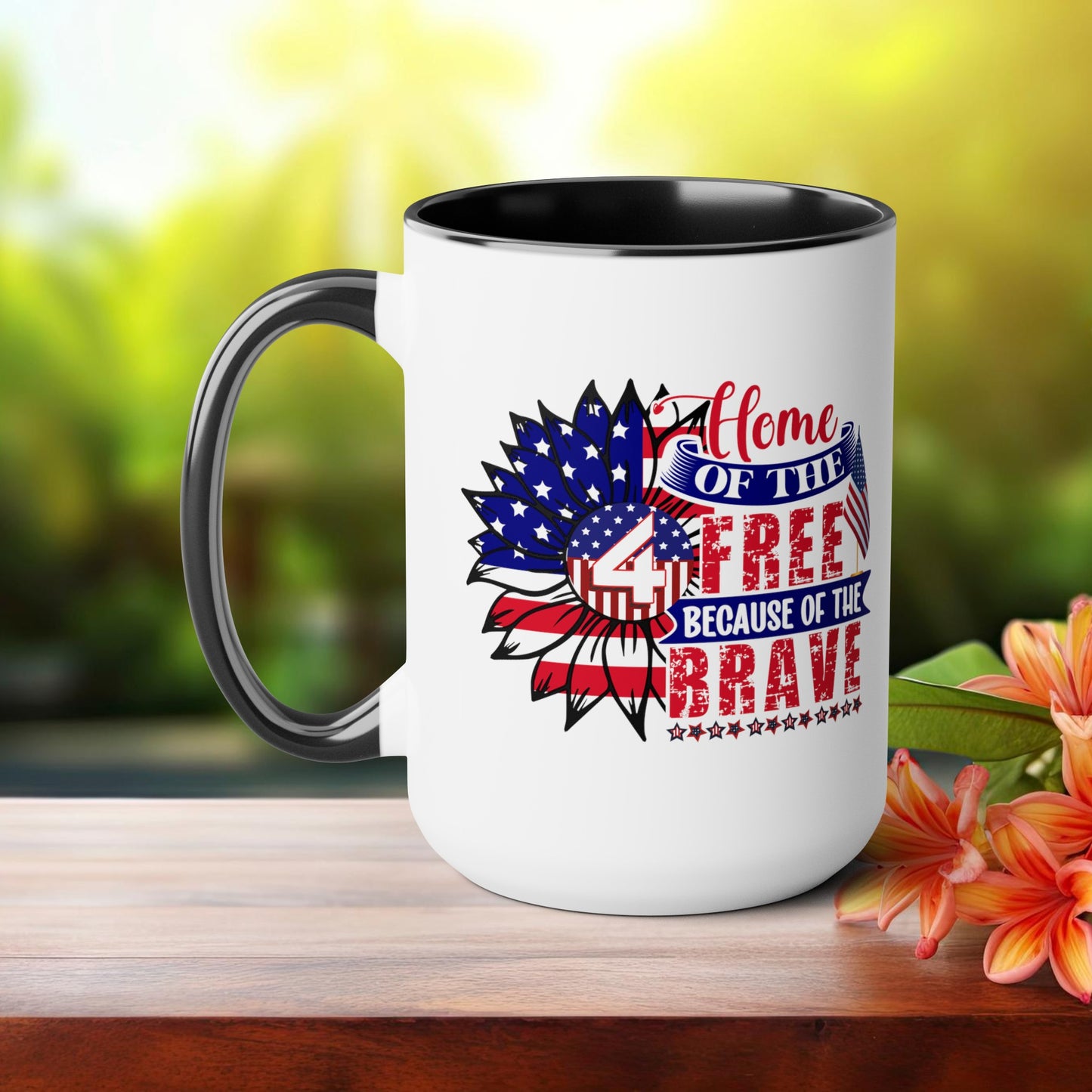 Happy 4th Of July Two -Tone Coffee Mug.15oz. God Bless America Coffee Mug.Flag, Red White Blue, Gift, America.Fourth Of July Sunflower Coffee Mug.