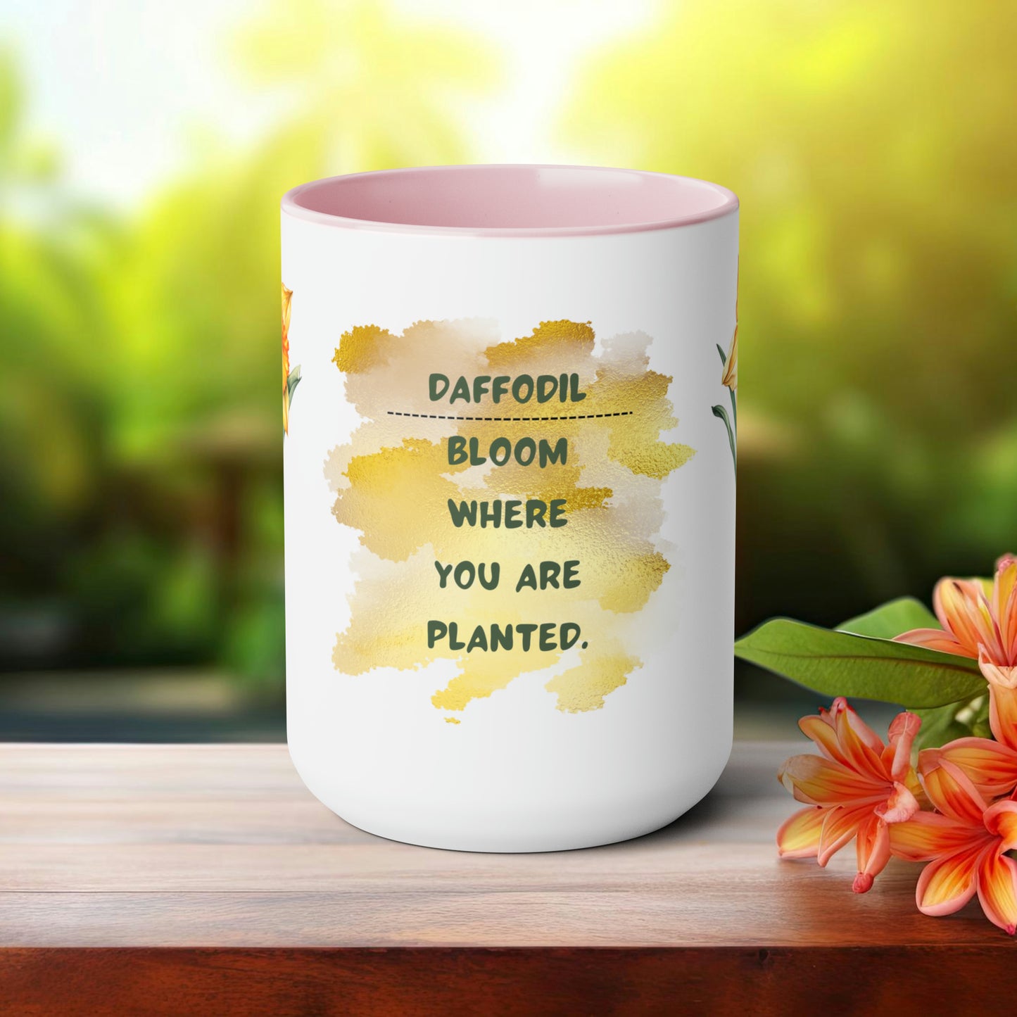 Birth Month Flower Two-Tone Coffee Mugs, 15oz, March Birth Month Flower mug.