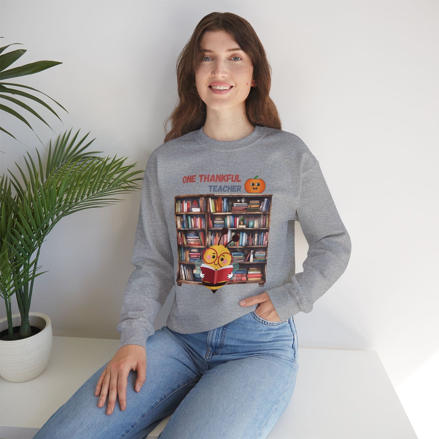 One Thankful Teacher Sweatshirt, HappyThanksgiving Sweatshirt - Unisex Heavy Blend, Happy Thanksgiving2024 Sweatshirt, Thanksgiving Gift, Festive Sweatshirt.