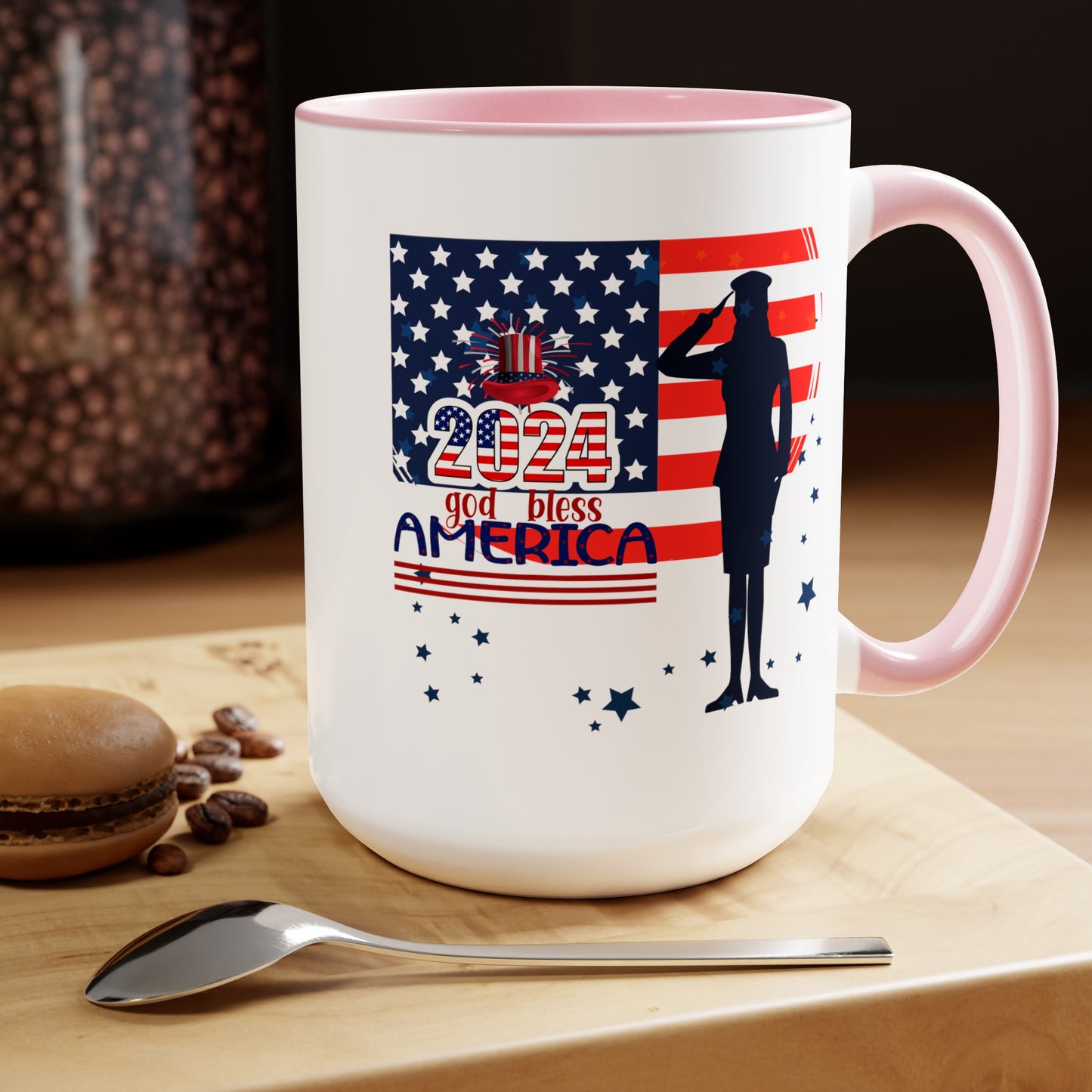 Happy 4th Of July Two -Tone Coffee Mug.15oz. God Bless America Coffee Mug.Flag, Red White Blue, gift, America.