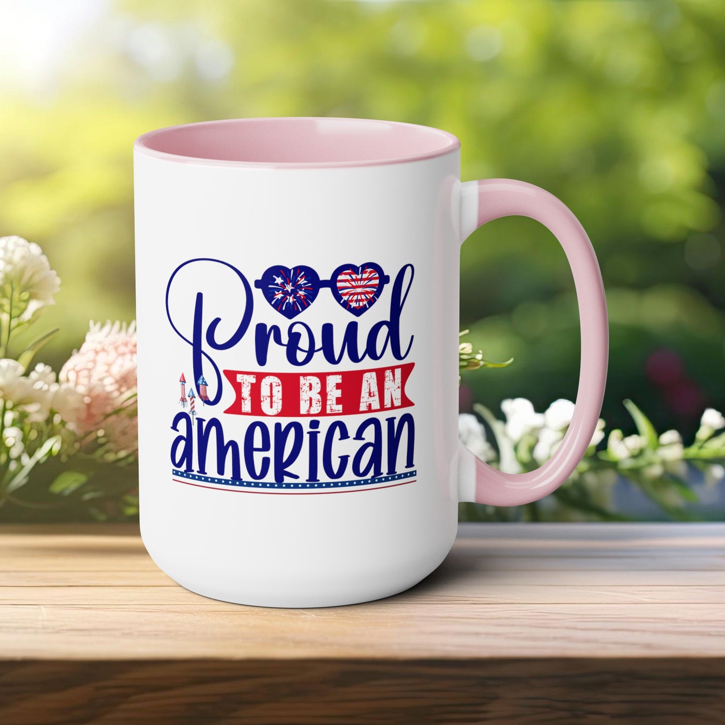 Happy 4th Of July Two -Tone Coffee Mug.15oz. Happy Independence Day Coffee Mug. America, Red White Blue, Flag,Peace Love America. Proud To Be An American