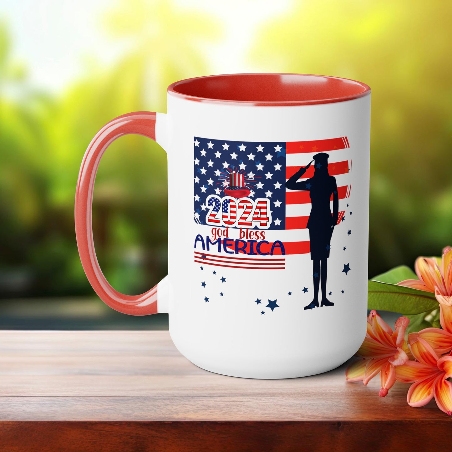 Happy 4th Of July Two -Tone Coffee Mug.15oz. God Bless America Coffee Mug.Flag, Red White Blue, gift, America.