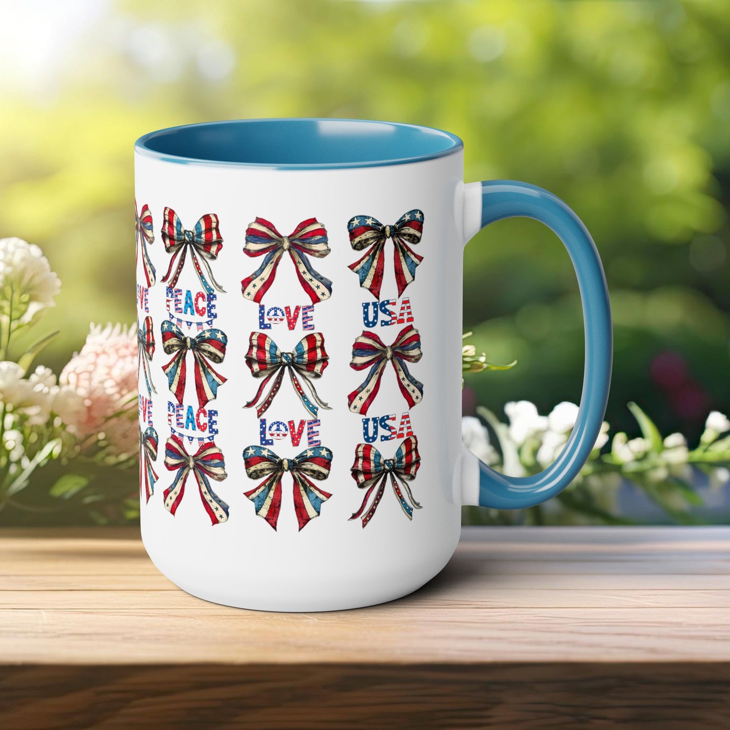 Happy 4th Of July Two -Tone Coffee Mug.15oz. Independence Day Coffee Mug. Love Peace USA.