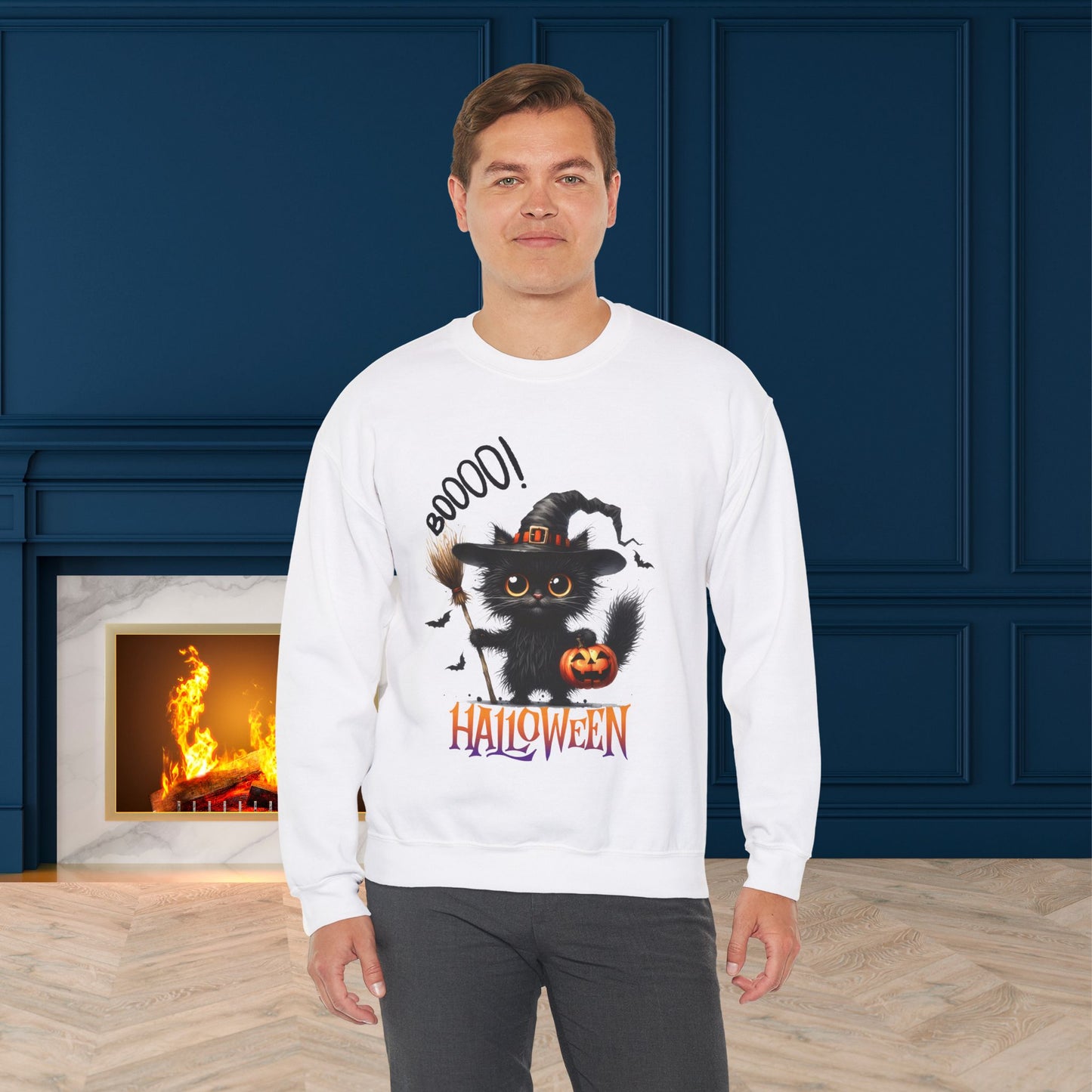 Spooky Cat Halloween Sweatshirt - Unisex Heavy Blend Crewneck, halloween sweatshirt, cute spooky cat sweatshirt.