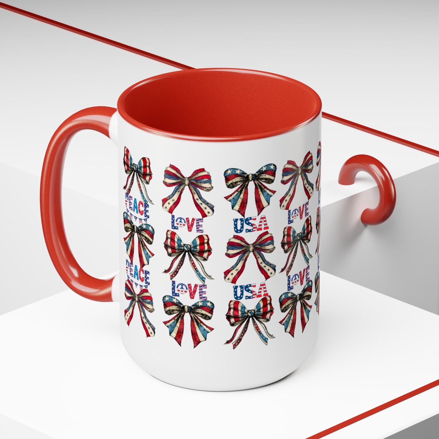 Happy 4th Of July Two -Tone Coffee Mug.15oz. Independence Day Coffee Mug. Love Peace USA.