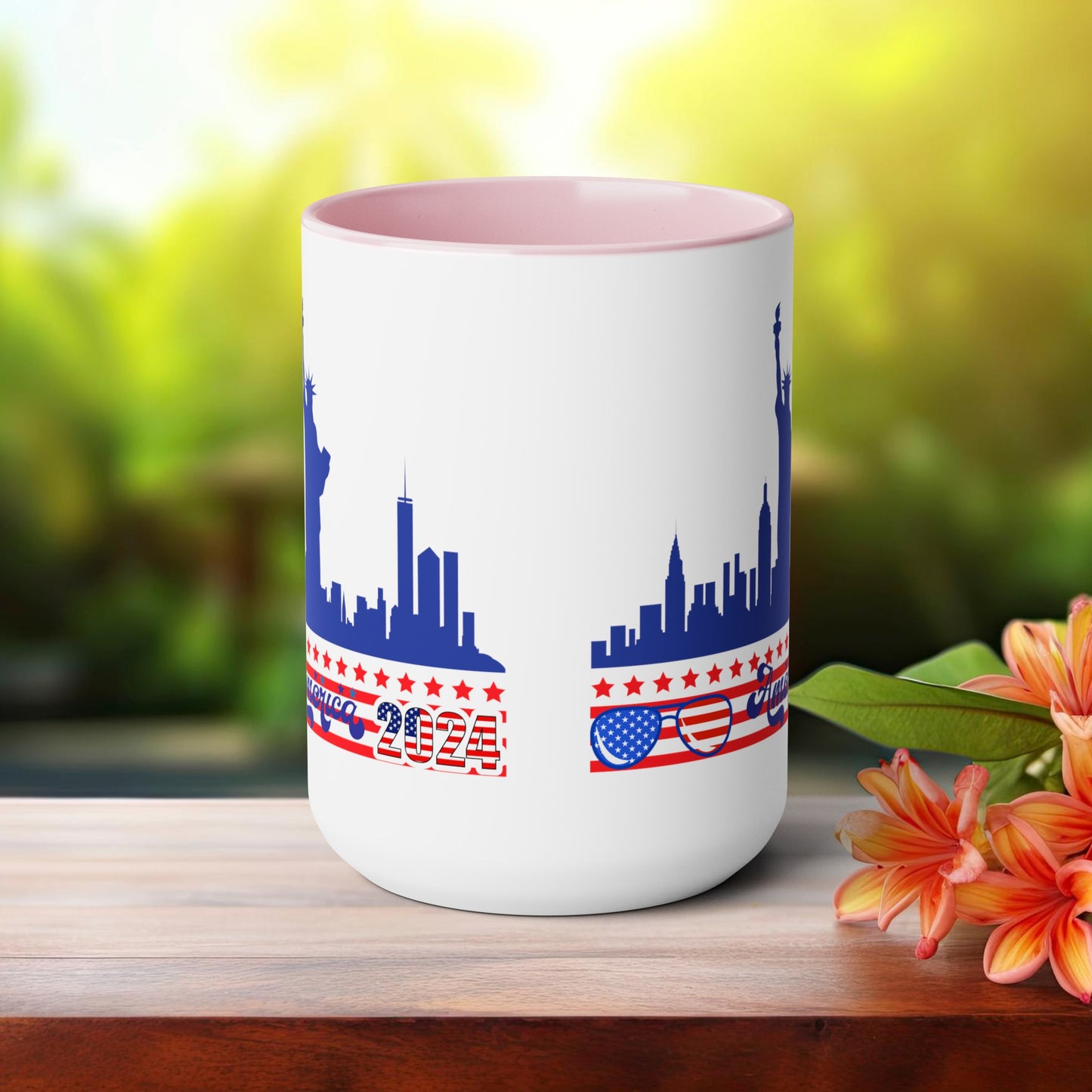 Happy 4th Of July Two -Tone Coffee Mug.15oz. God Bless America Coffee Mug. America 2024 Coffee Mug.