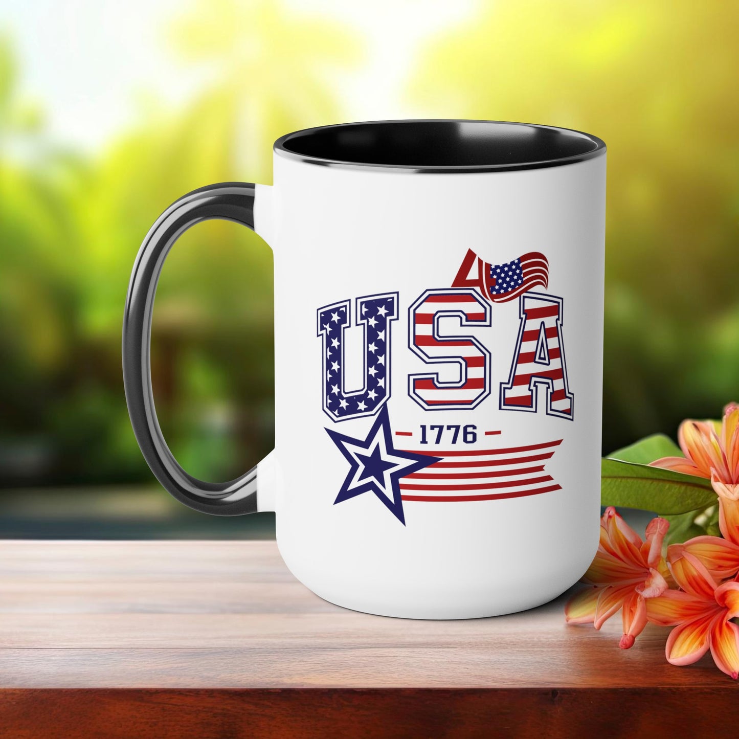 Happy 4th Of July Two -Tone Coffee Mug.15oz. Happy Independence Day Coffee Mug. America, Red White Blue, Flag,Peace Love America. Proud To Be An American