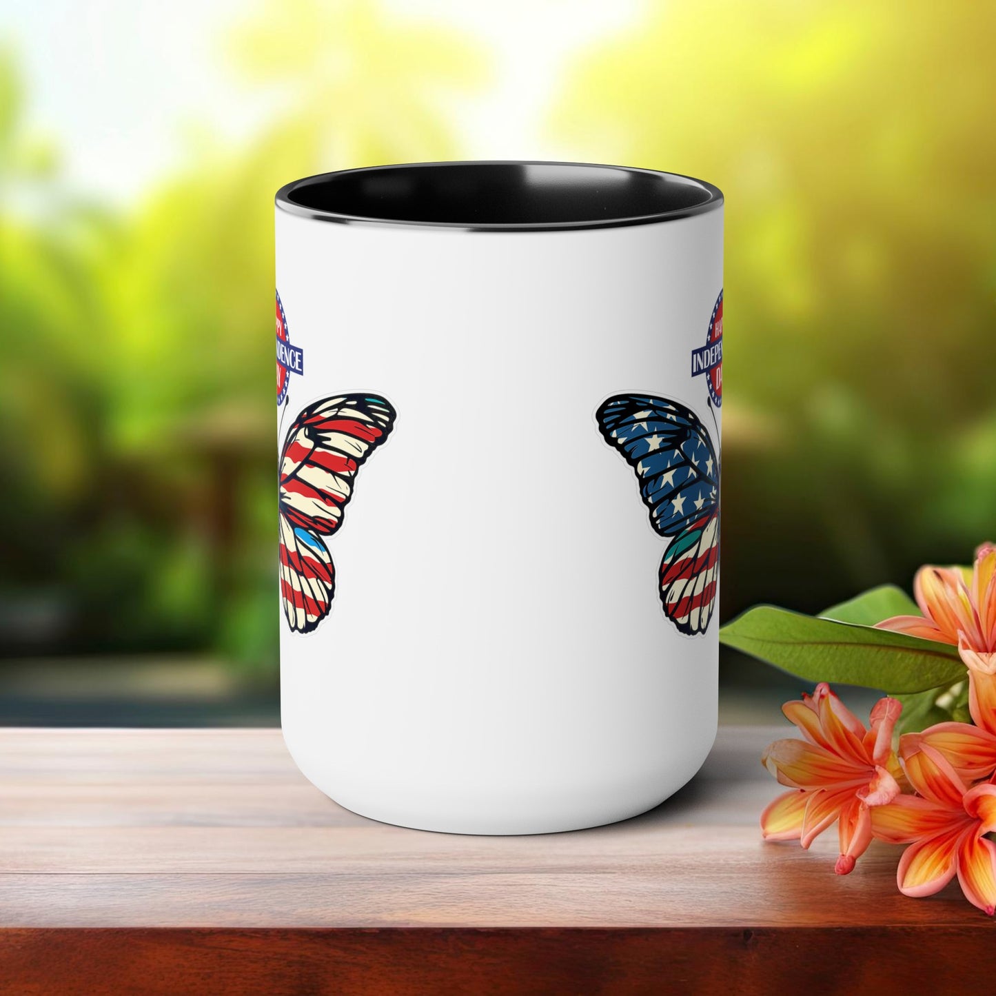 Happy 4th Of July Two -Tone Coffee Mug.15oz. Happy Independence Day Coffee Mug. Butterfly Coffee Mug, America, Red White Blue, Flag.