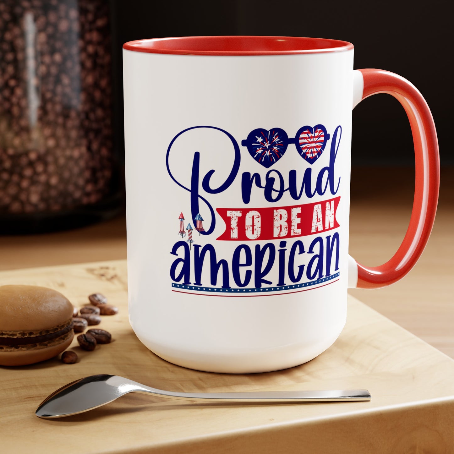 Happy 4th Of July Two -Tone Coffee Mug.15oz. Happy Independence Day Coffee Mug. America, Red White Blue, Flag,Peace Love America. Proud To Be An American