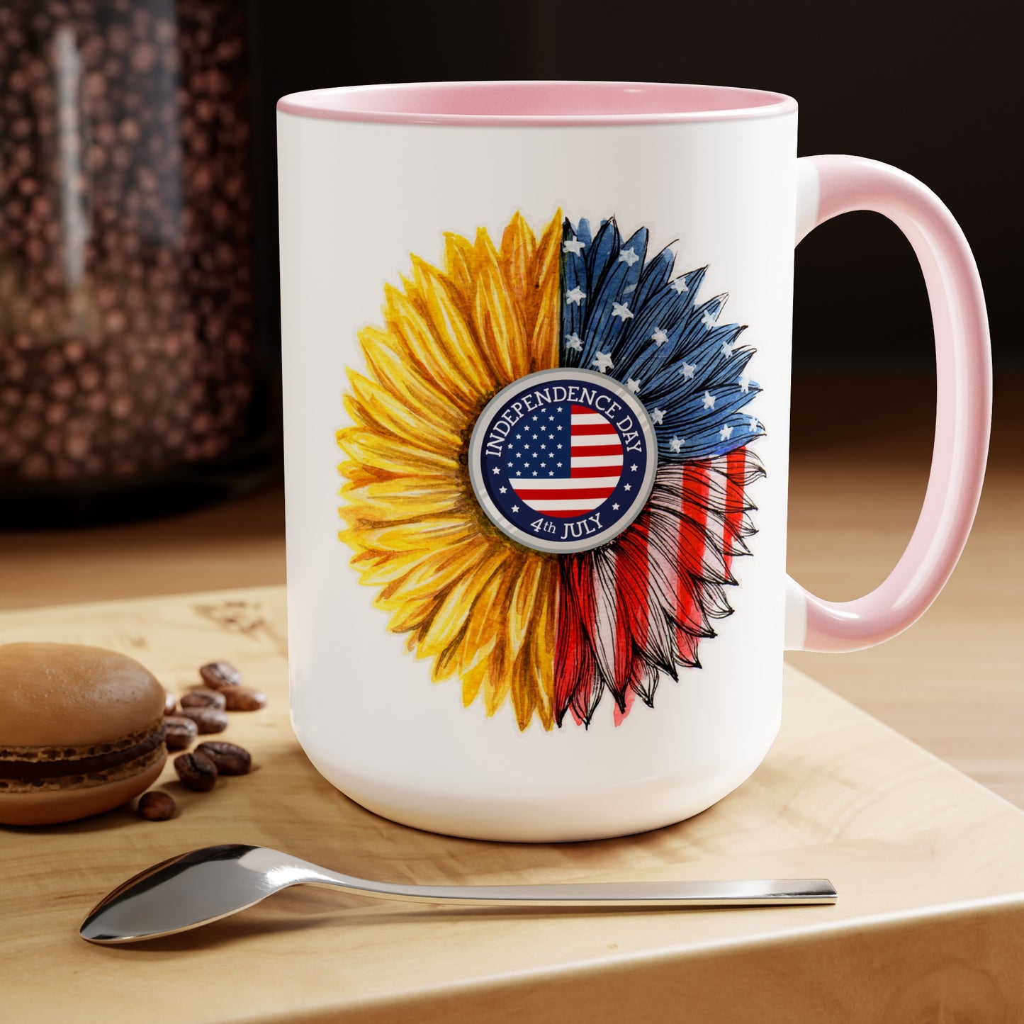 Happy 4th Of July Two -Tone Coffee Mug.15oz. Independence Day Sunflower Coffee Mug.